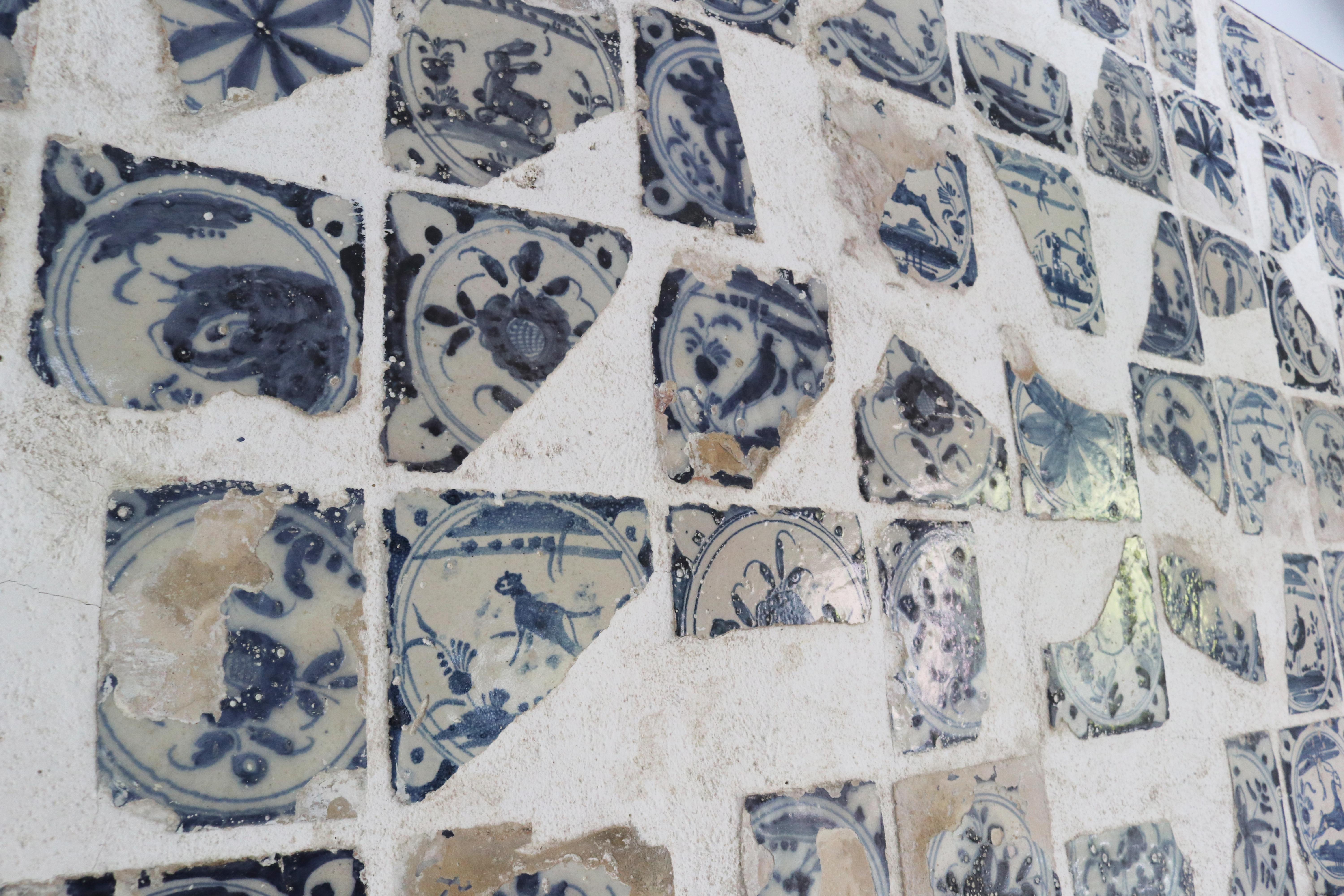 18th Century Glazed Ceramic Fragments Arranged on an Iron Framed Panel For Sale 2