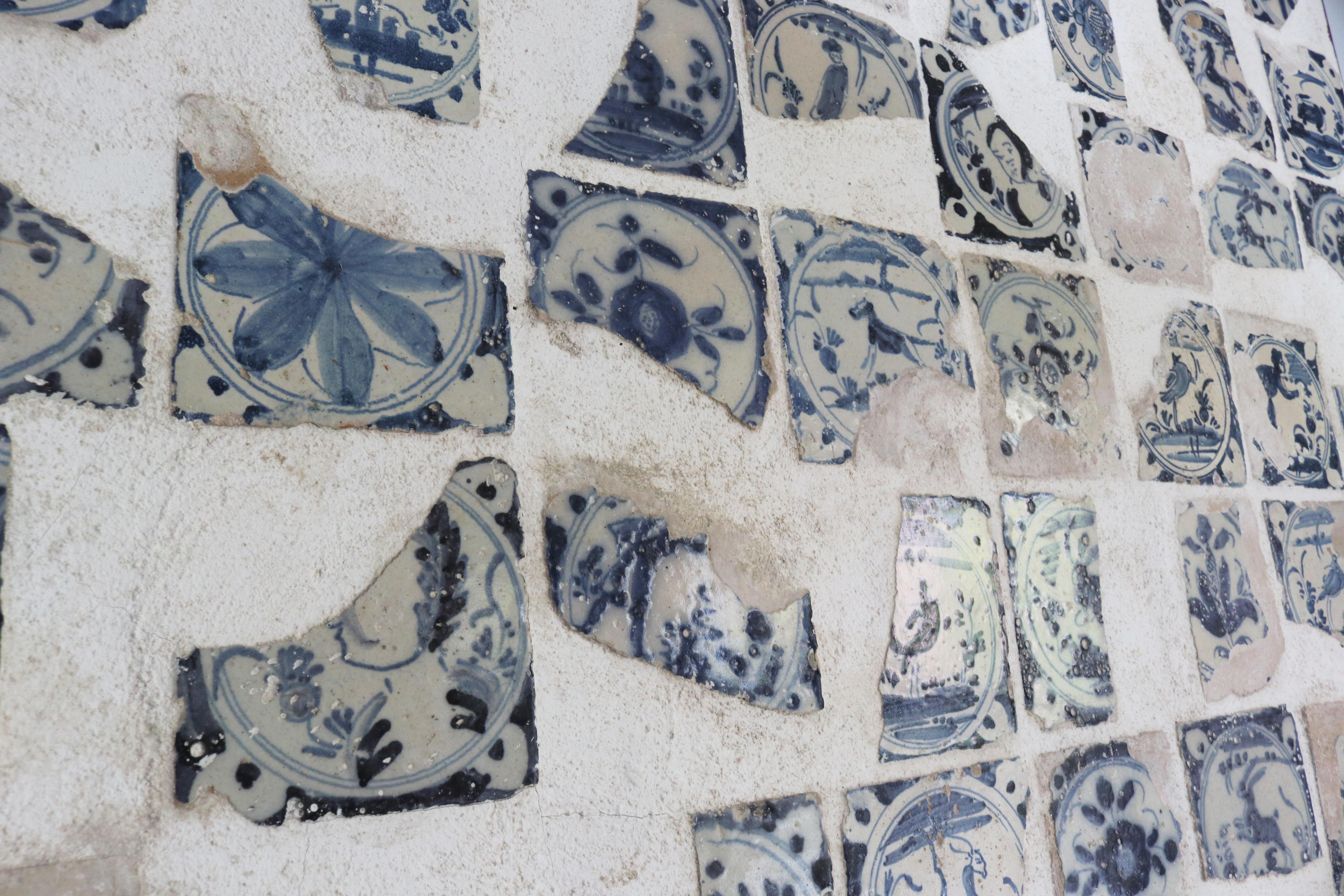18th Century Glazed Ceramic Fragments Arranged on an Iron Framed Panel For Sale 3