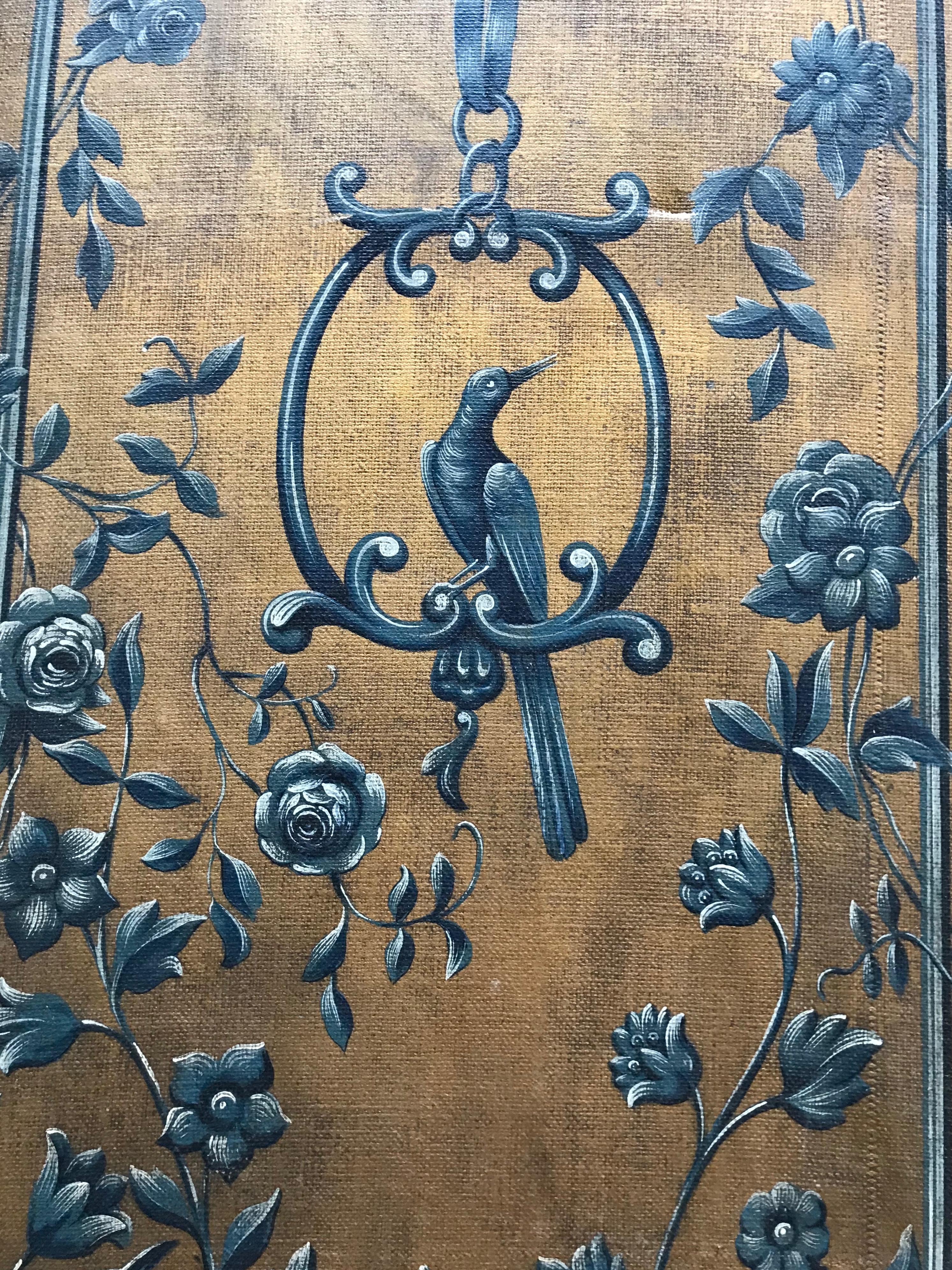 18th Century Gold and Blue Painted Dutch Panels with Embossed Cordovan Leather In Good Condition For Sale In Antwerp, BE