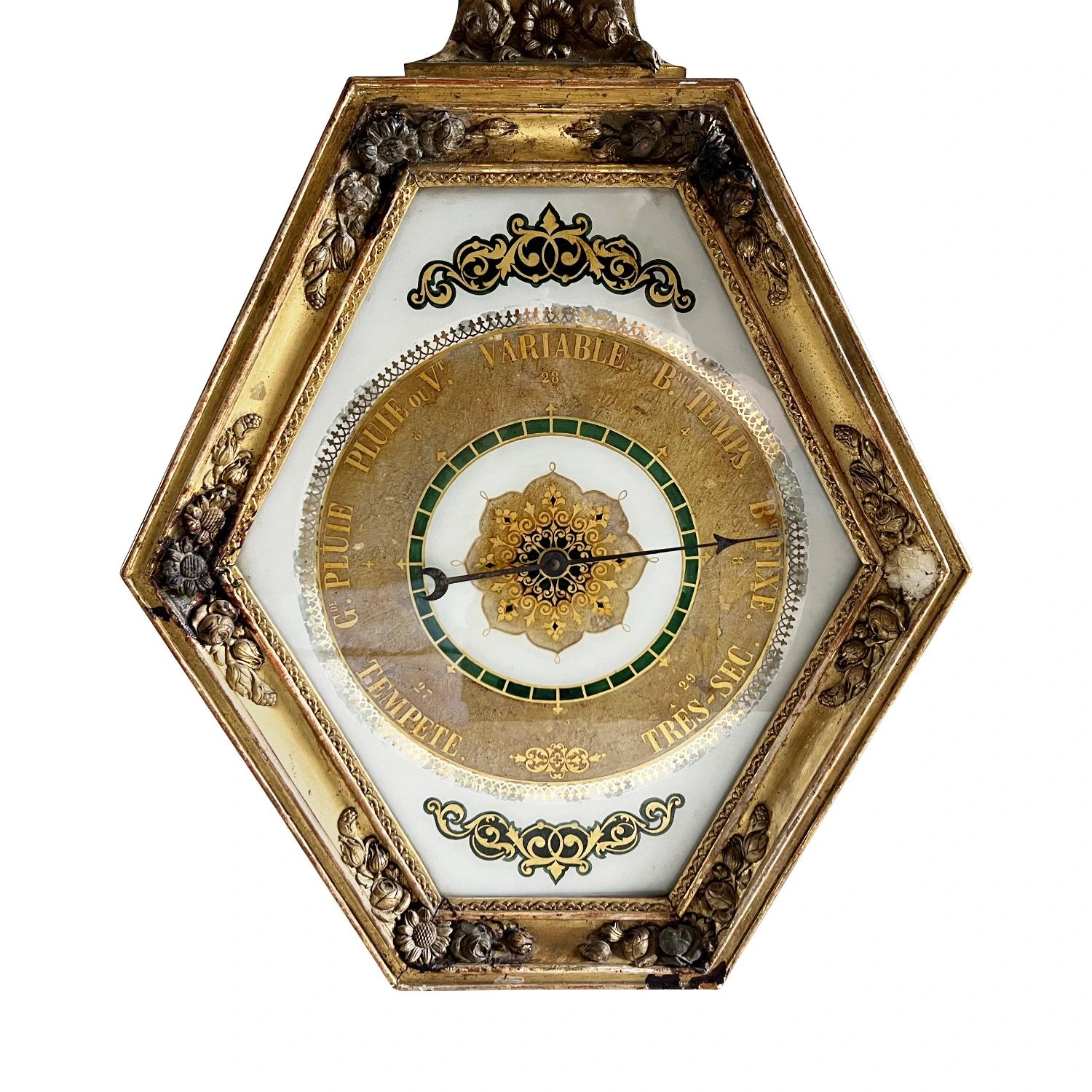 Gold Französisches Barometer aus vergoldetem Holz aus dem 18. Jahrhundert – antikes Pariser Thermometer (Handgeschnitzt) im Angebot