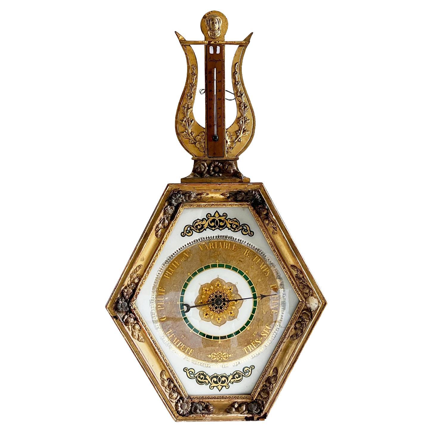 18th Century Gold French Gilded Wood Barometer, Antique Parisian Thermometer For Sale