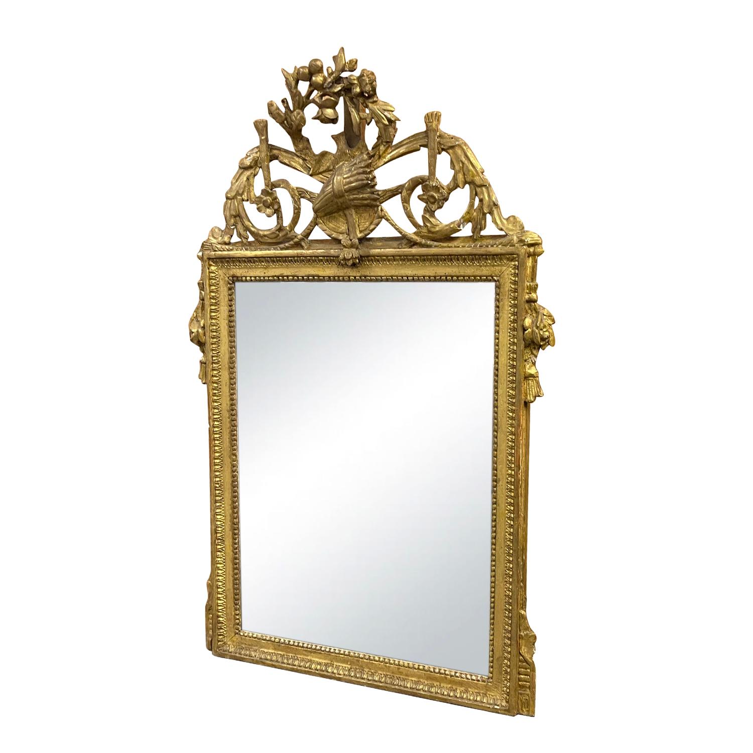Hand-Carved 18th Century Gold French Louis XVI Gilded Wall Glass Mirror, Antique Wall Décor For Sale