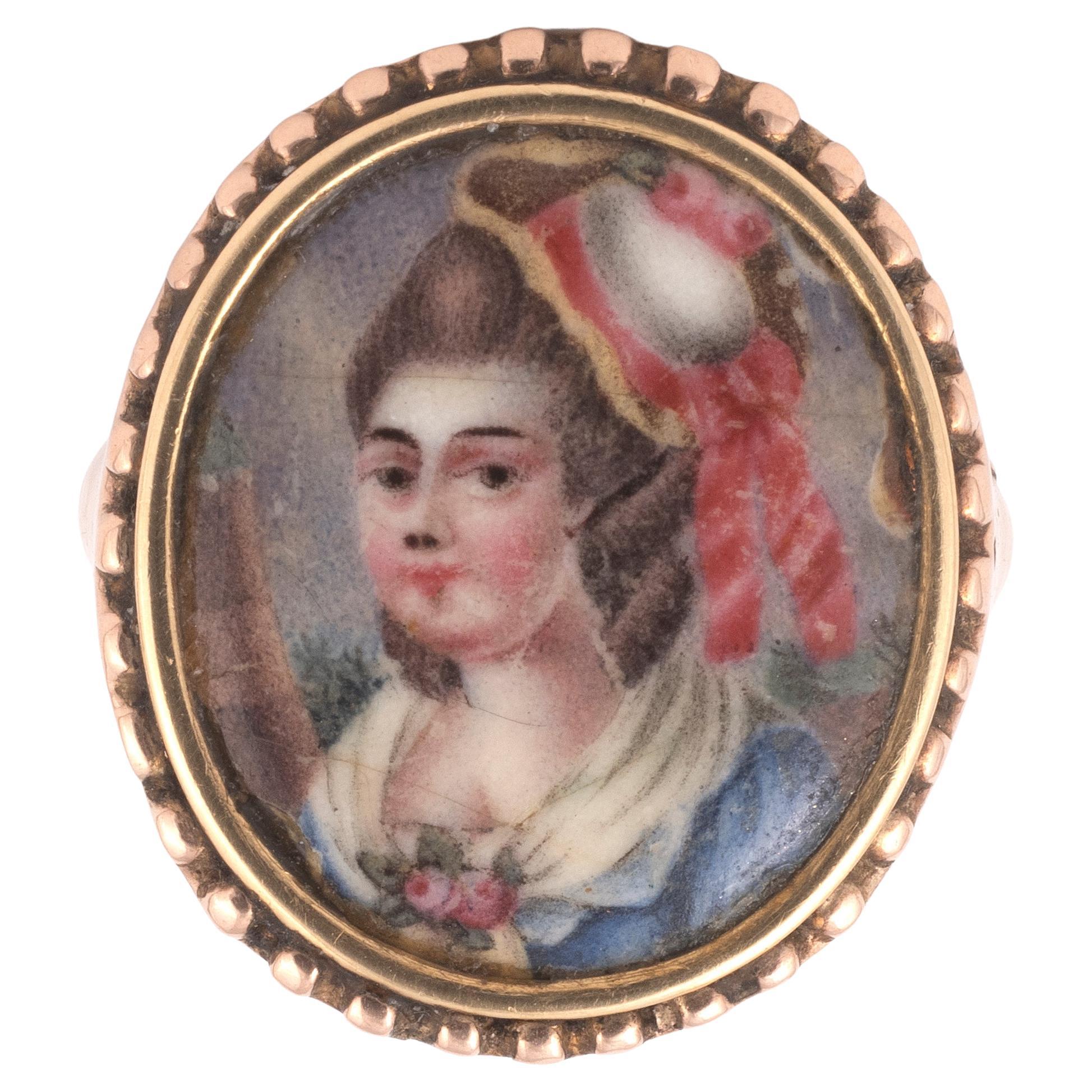 Neoclassical 18th Century Gold Portrait Miniature Ring A Lady Painted Enamel For Sale