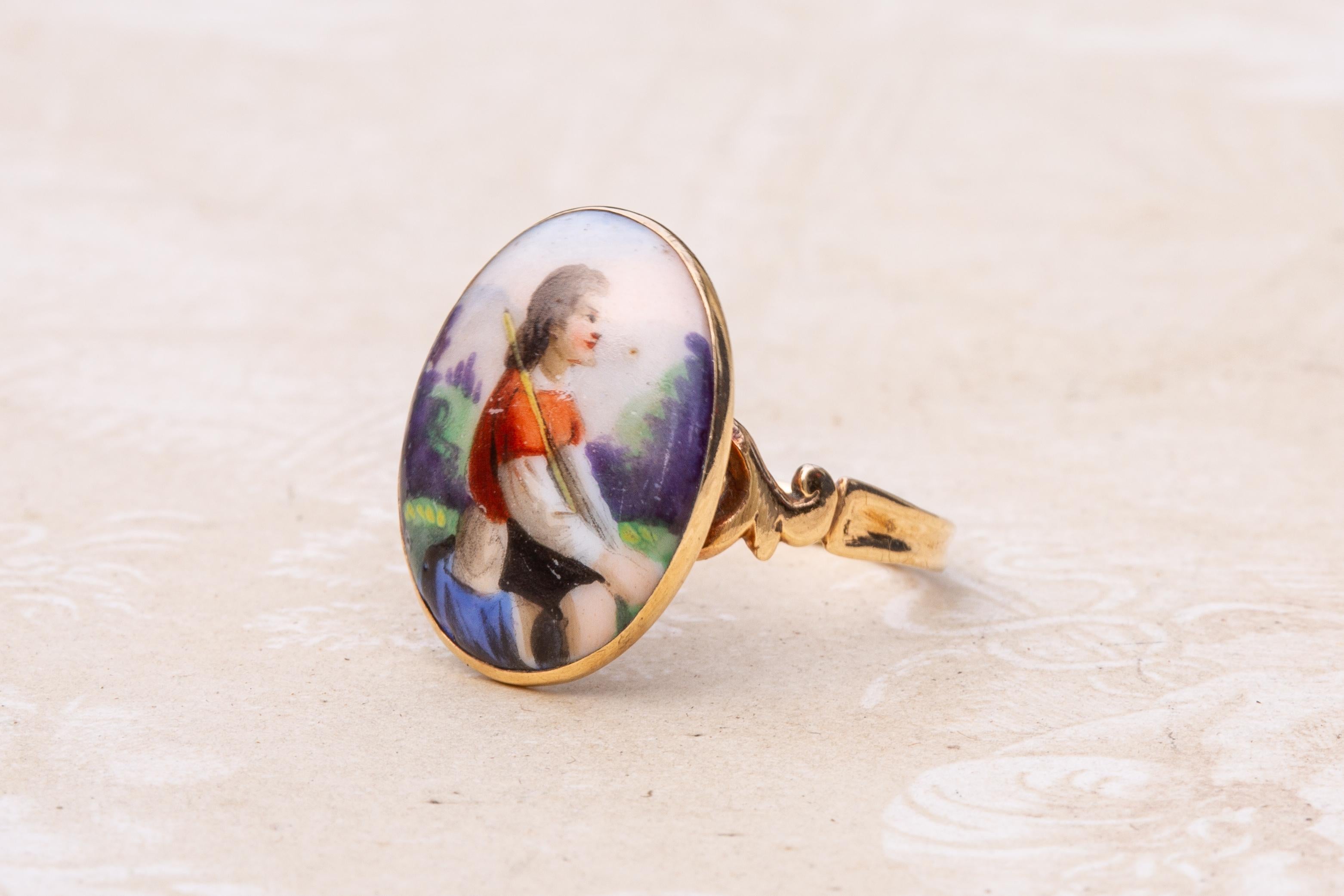 Rococo 18th Century Gold Portrait Miniature Ring Shepherd Boy King David Painted Enamel For Sale