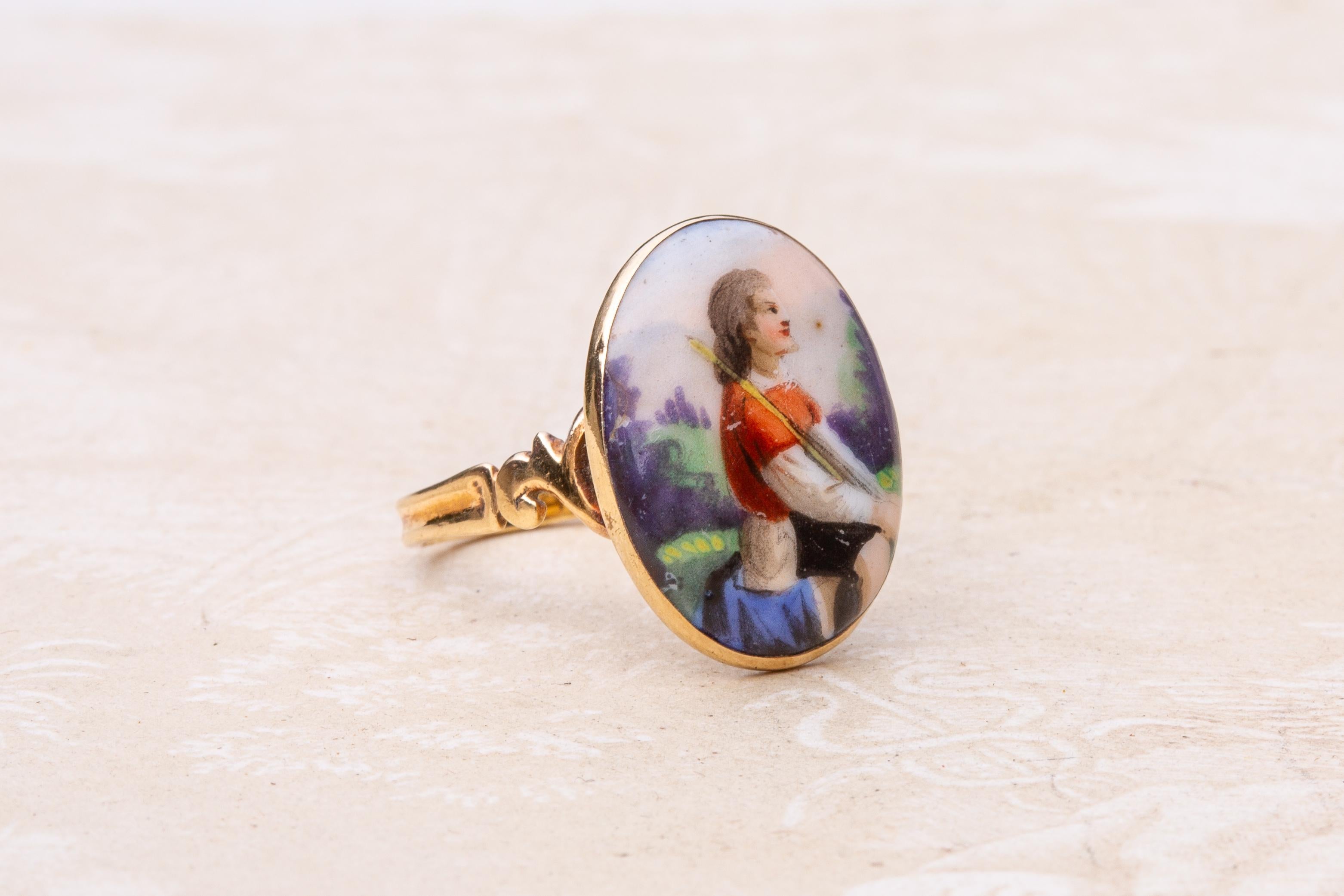 Women's or Men's 18th Century Gold Portrait Miniature Ring Shepherd Boy King David Painted Enamel For Sale