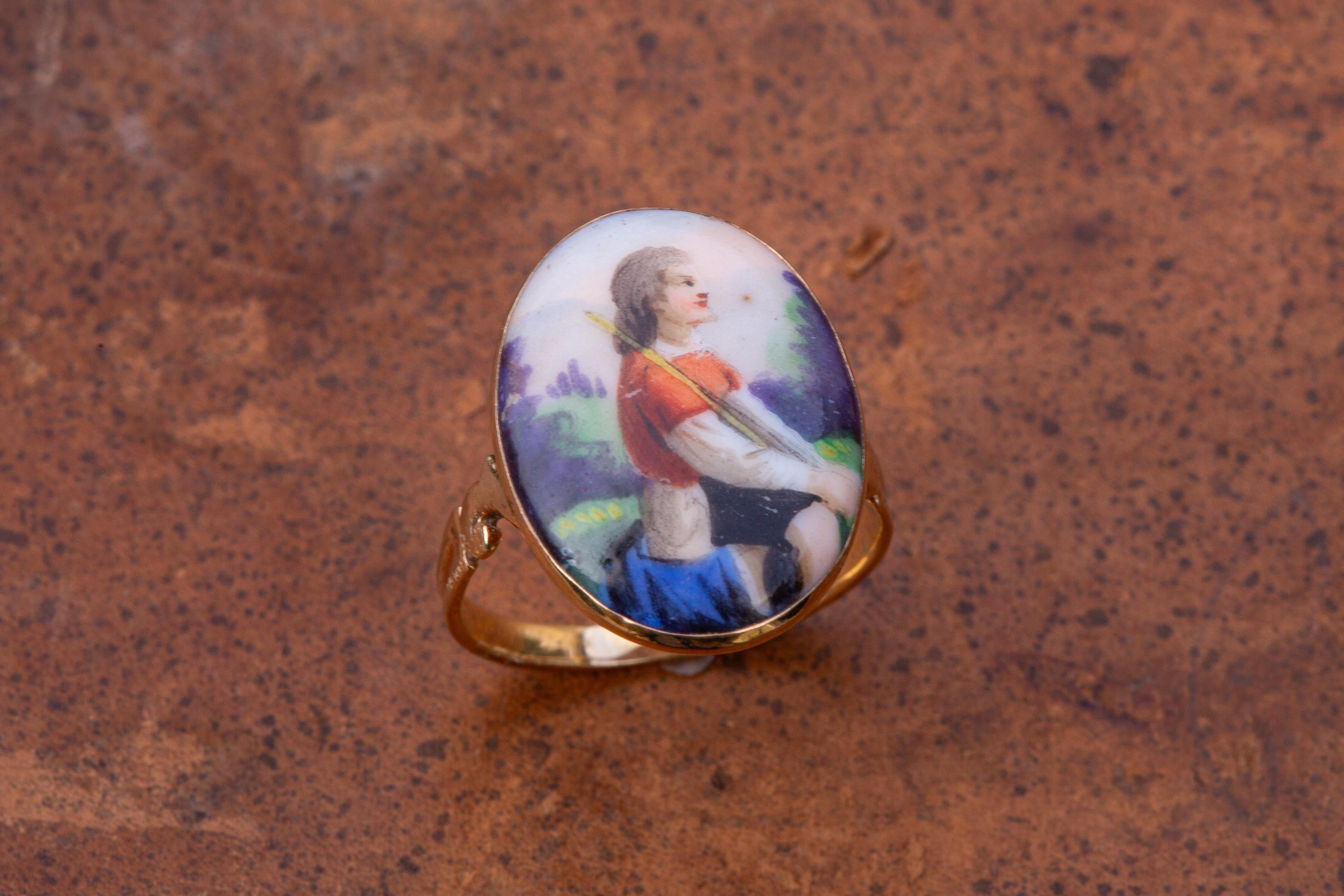 18th Century Gold Portrait Miniature Ring Shepherd Boy King David Painted Enamel For Sale 1