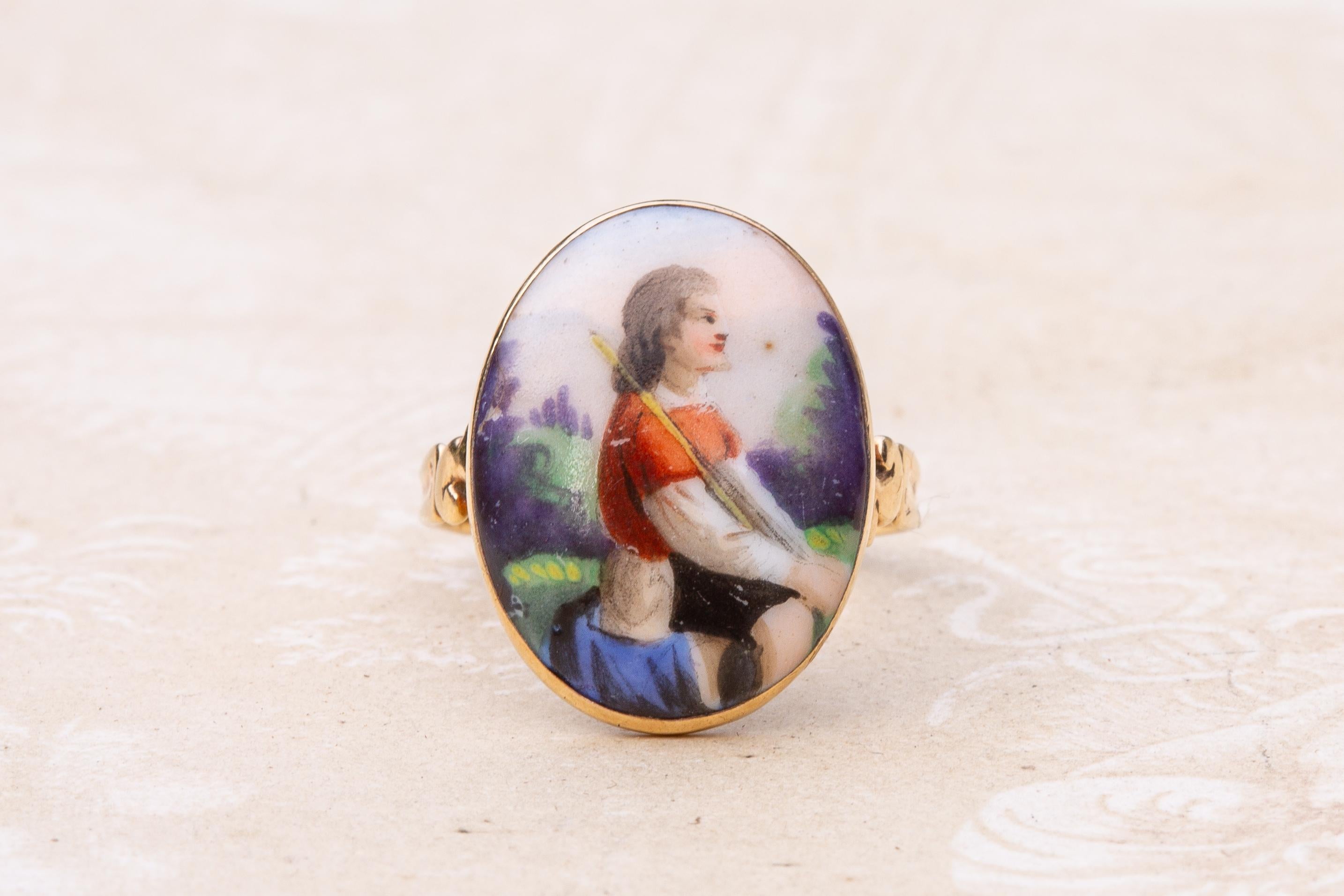 18th Century Gold Portrait Miniature Ring Shepherd Boy King David Painted Enamel For Sale 3