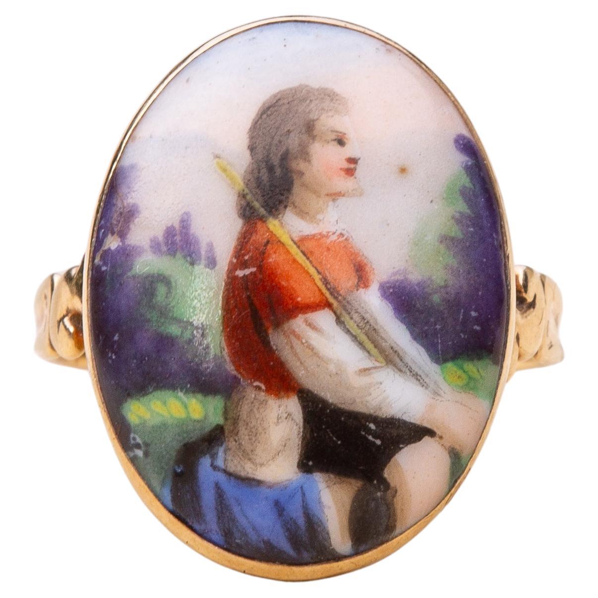 18th Century Gold Portrait Miniature Ring Shepherd Boy King David Painted Enamel For Sale