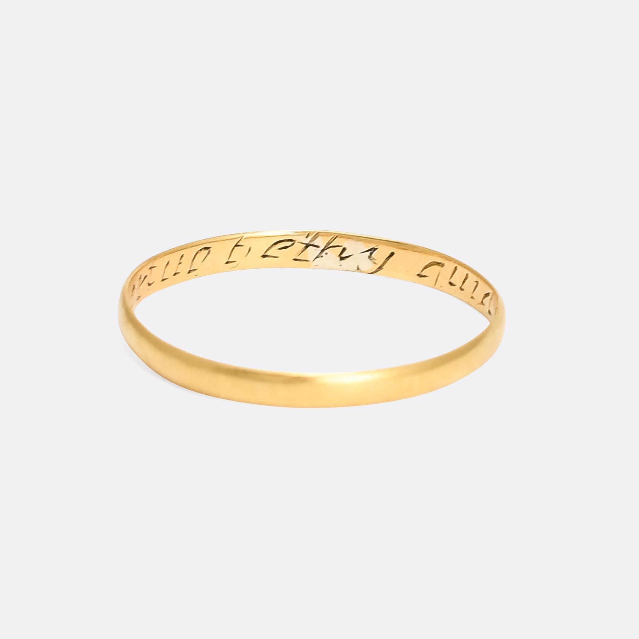 A superb antique posy ring with the words 