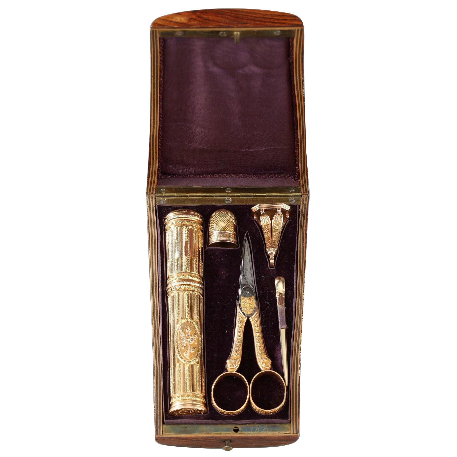 18th Century Gold Sewing Box with Wax Case, Scissors, Seal For Sale