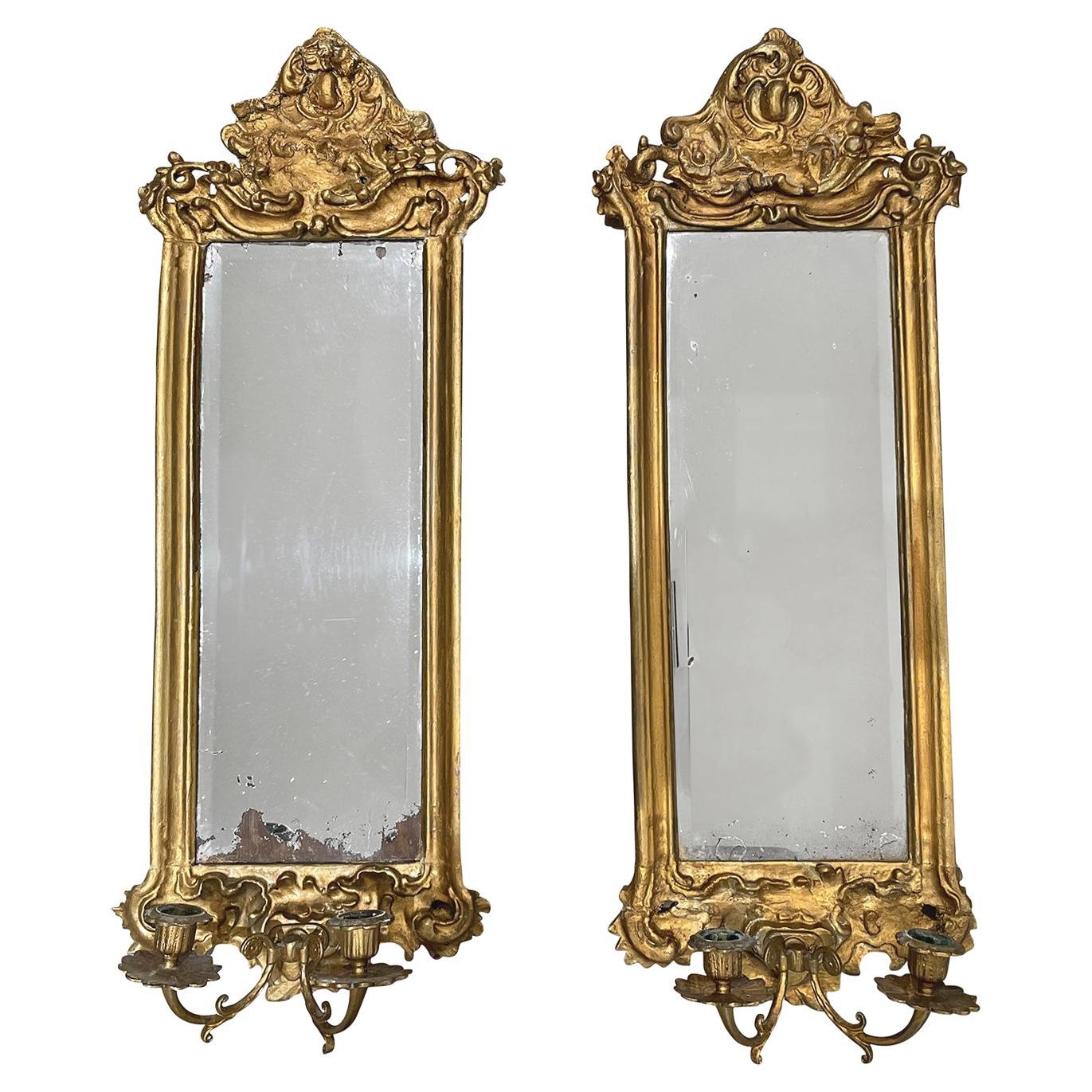 18th Century Gold Swedish Gustavian Pair of Gilded Wood Wall Glass Mirrors For Sale
