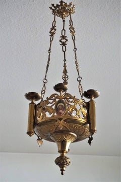 18th Century Gothic Revival Gilt Bronze Church Sanctuary Lamp Candle Chandelier