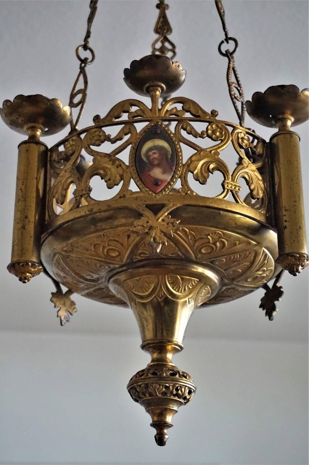 18. Jahrhundert Gothic Revival vergoldete Bronze Kirche Heiligtum Lampe Kerze Kronleuchter (Neugotik)