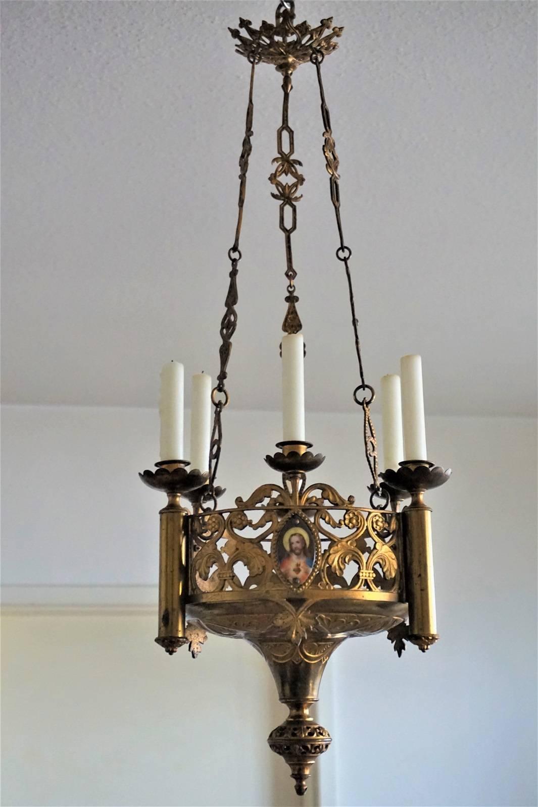 Spanish 18th Century Gothic Revival Gilt Bronze Church Sanctuary Lamp Candle Chandelier