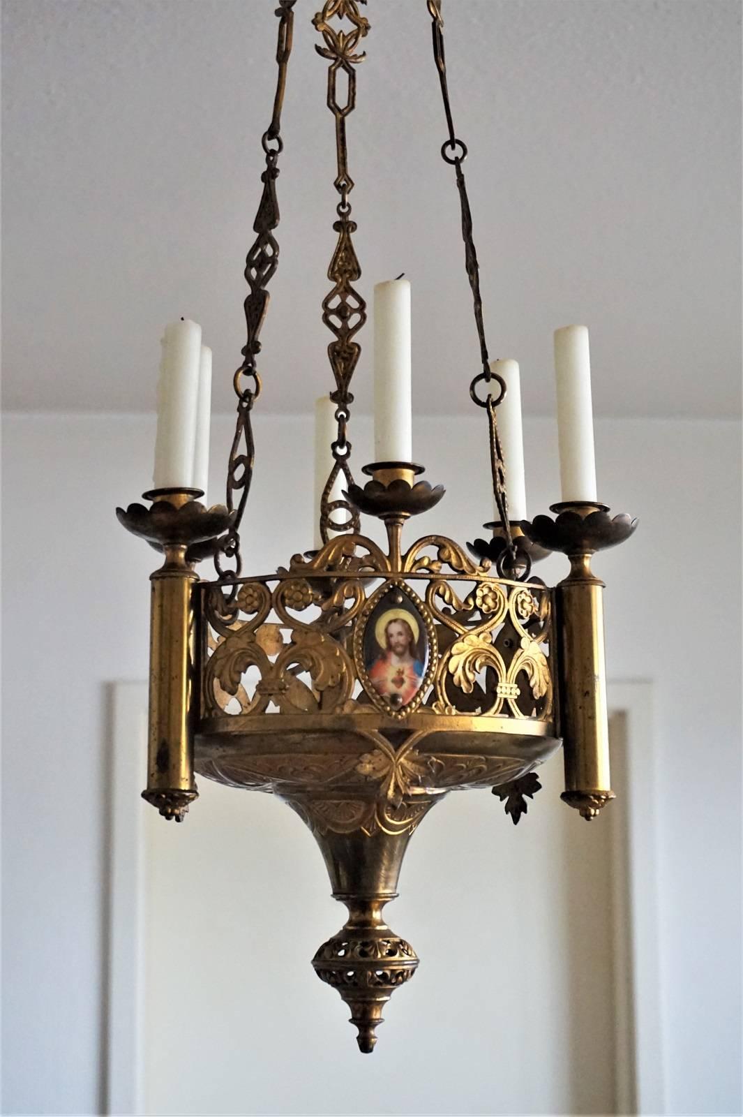 Hand-Painted 18th Century Gothic Revival Gilt Bronze Church Sanctuary Lamp Candle Chandelier