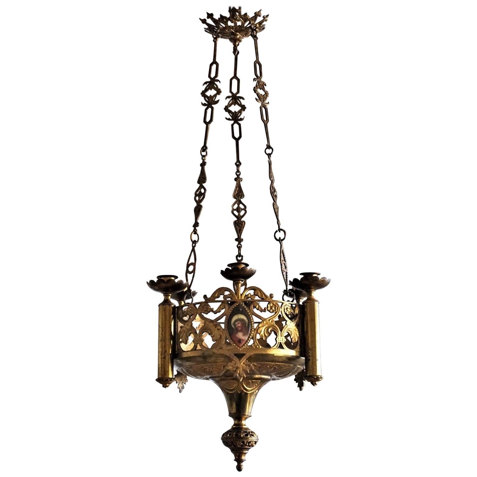 18th Century Gothic Revival Gilt Bronze Church Sanctuary Lamp Candle Chandelier