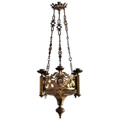 Antique 18th Century Gothic Revival Gilt Bronze Church Sanctuary Lamp Candle Chandelier