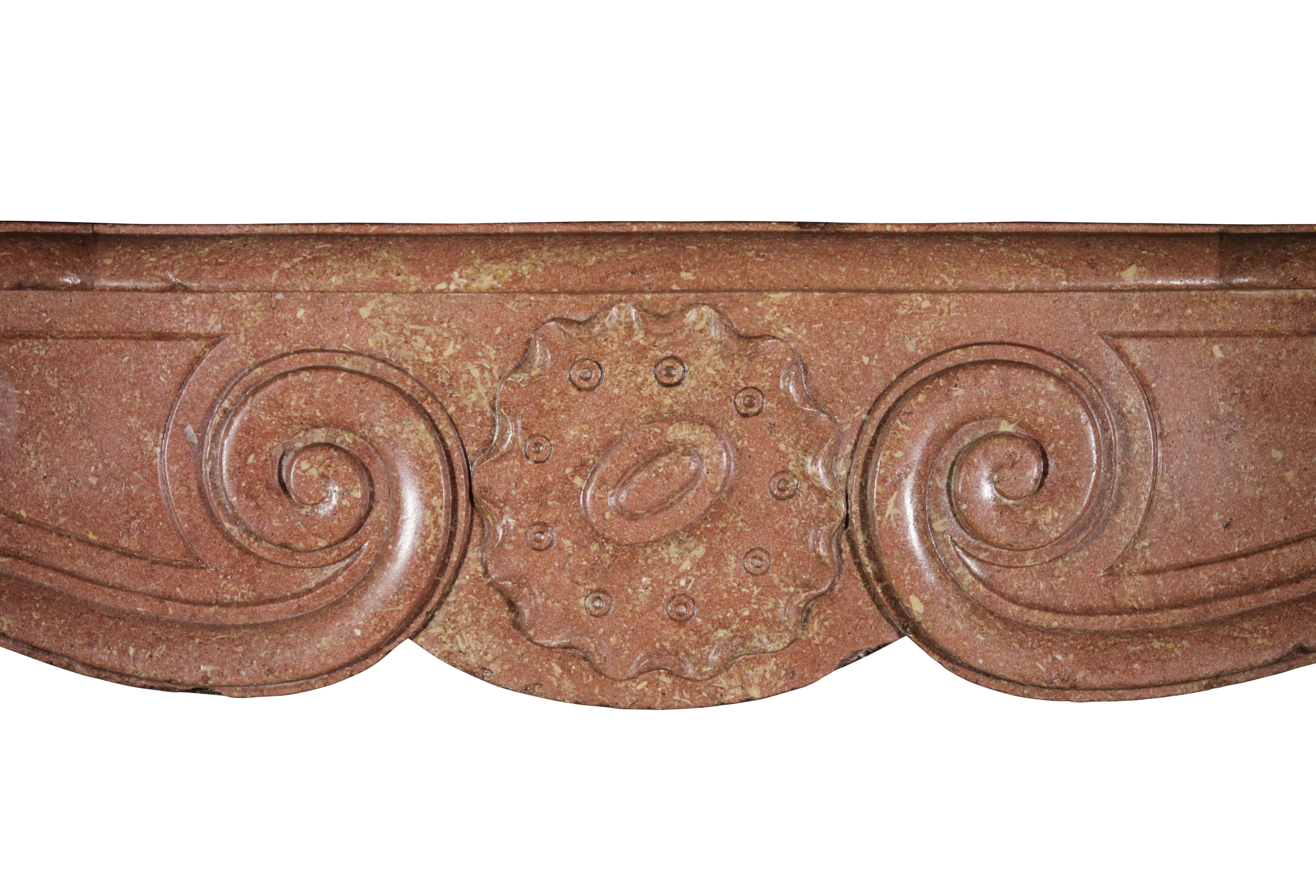 This original antique fireplace mantel in a bicolor Burgundy marble hard stone is very unique in proportions and carving details. A grand piece and never seen something similar in perfect condition.
Measures:
202 cm EW 79,53