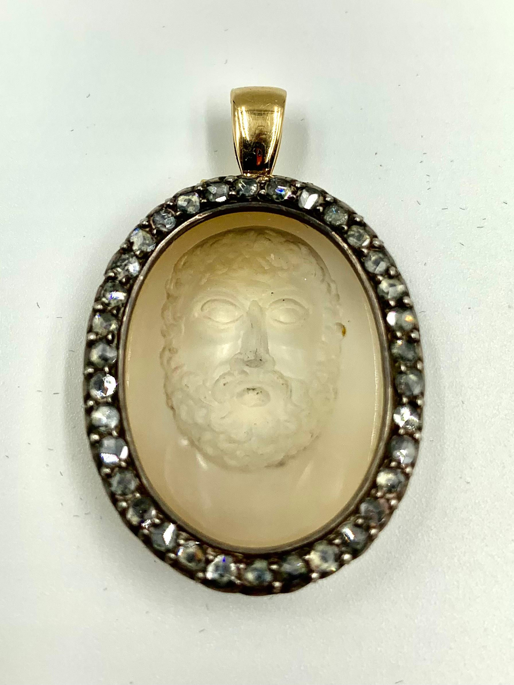 18th Century Grand Tour Bocca Della Verita Calcedony Intaglio Diamond Pendant For Sale 12