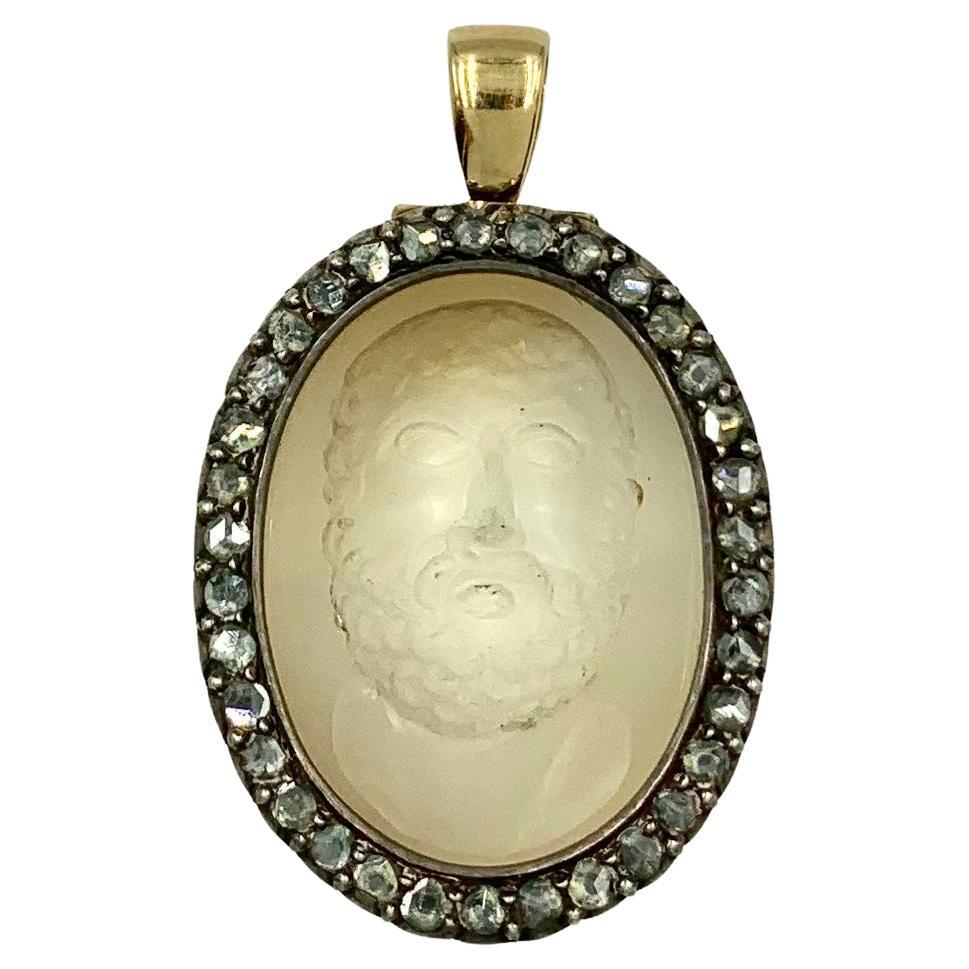 18th Century Grand Tour Bocca Della Verita Calcedony Intaglio Diamond Pendant For Sale 13
