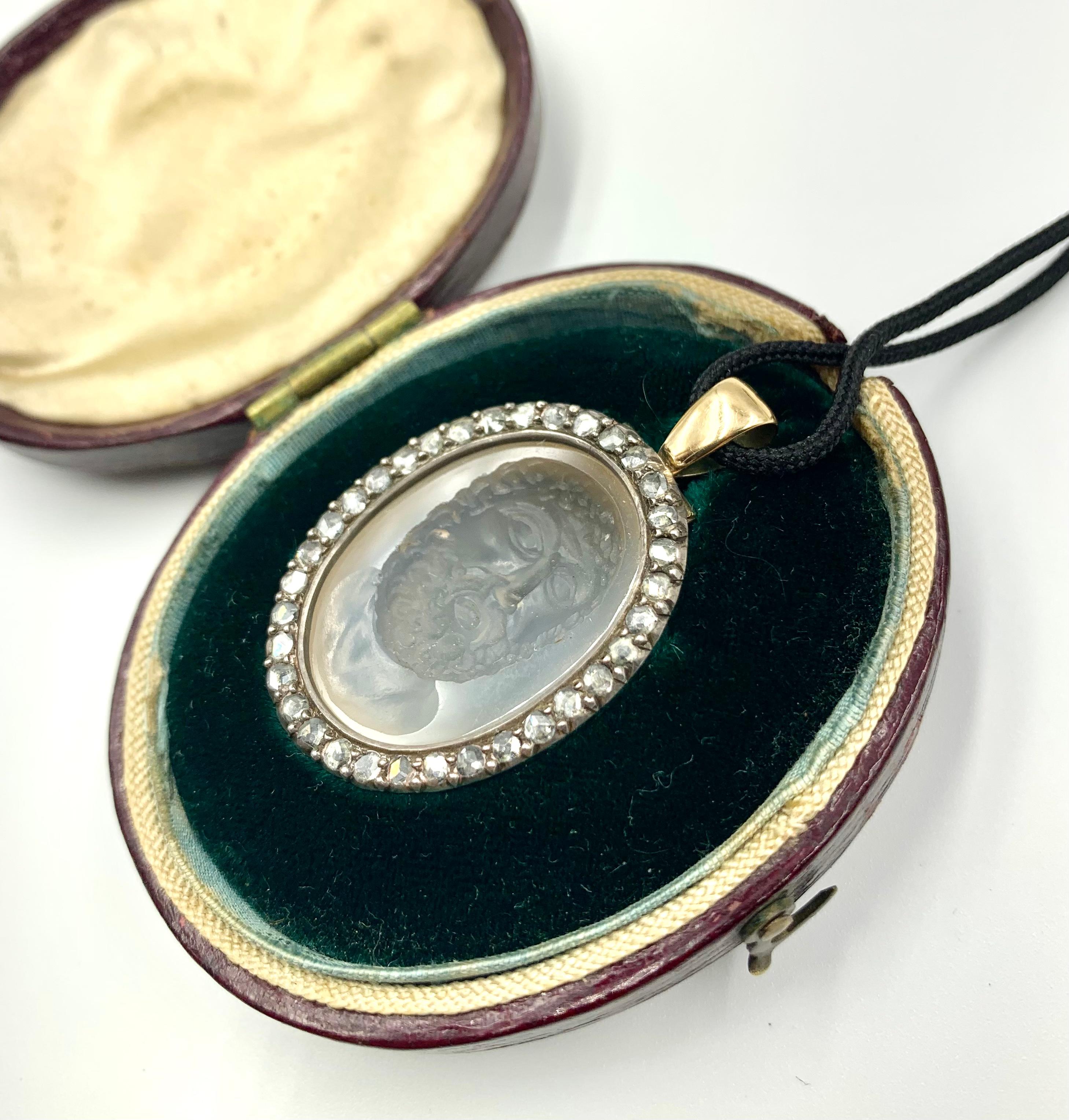 Georgian 18th Century Grand Tour Bocca Della Verita Calcedony Intaglio Diamond Pendant For Sale