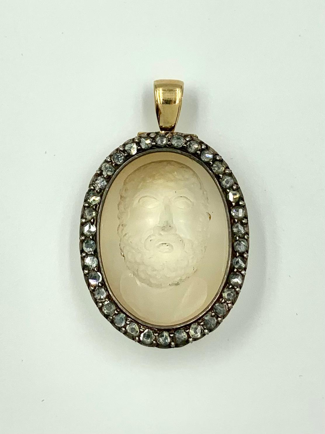 18th Century Grand Tour Bocca Della Verita Calcedony Intaglio Diamond Pendant In Good Condition For Sale In New York, NY
