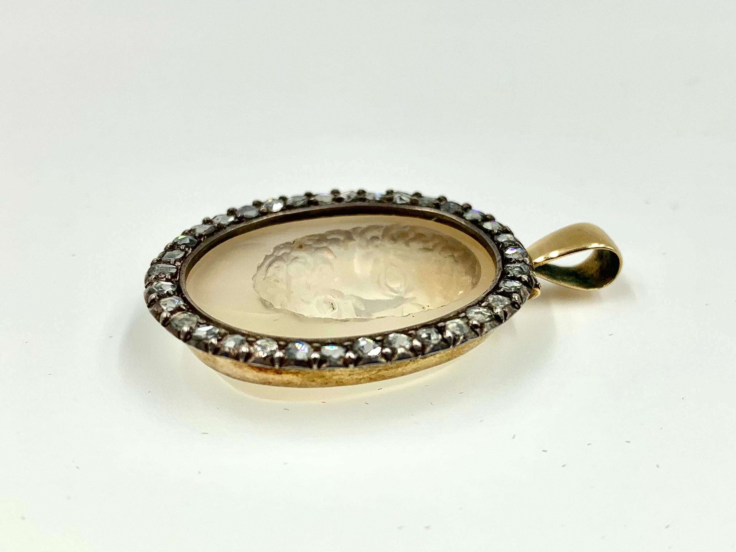 18th Century Grand Tour Bocca Della Verita Calcedony Intaglio Diamond Pendant For Sale 2