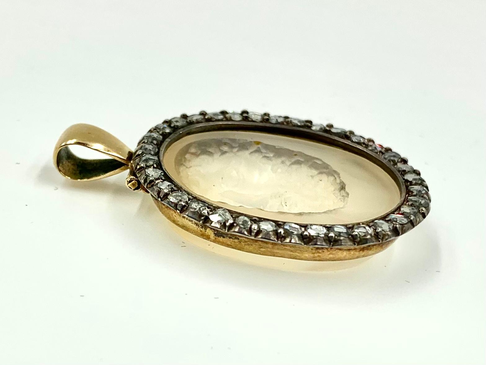 18th Century Grand Tour Bocca Della Verita Calcedony Intaglio Diamond Pendant For Sale 4