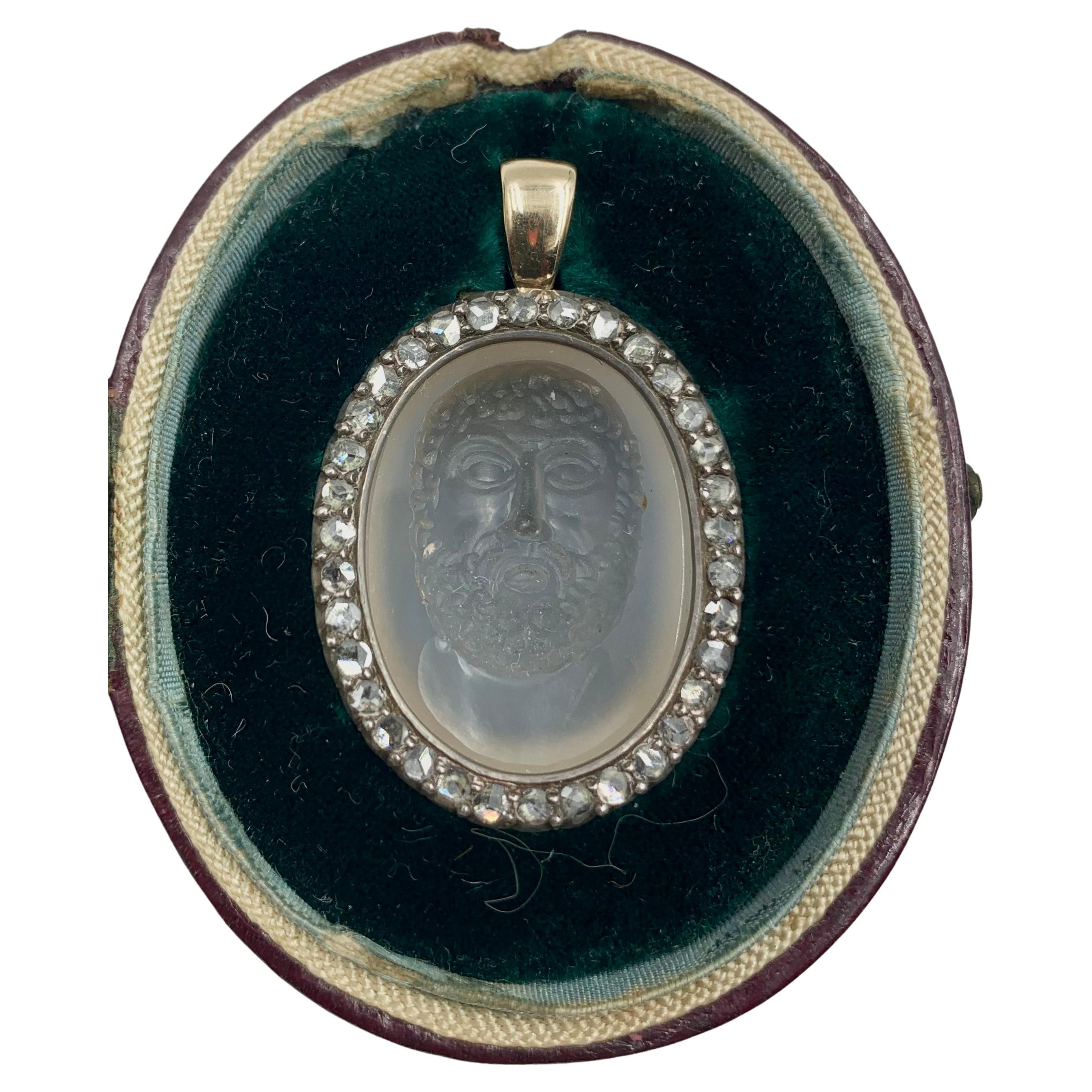 18th Century Grand Tour Bocca Della Verita Calcedony Intaglio Diamond Pendant For Sale