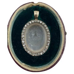 18th Century Grand Tour Bocca Della Verita Calcedony Intaglio Diamond Pendant