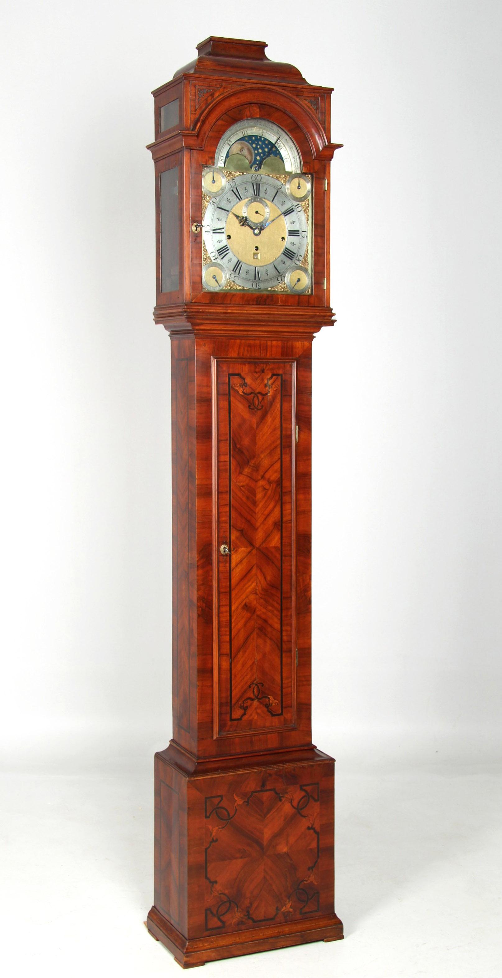 Antique grandfather clock with calendar, moon phase and musical movement

England (London)
Walnut
second half of 18th century

Dimensions: H x W x D: 251 x 48 x 24 cm

Description:
Beautiful and very unusual grandfather clock with elaborate