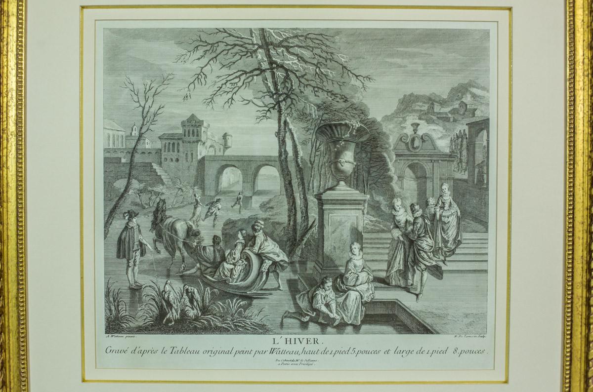 French 18th Century Graphic Entitled Winter by Antoine Watteau, Engraver Nicolas Larme