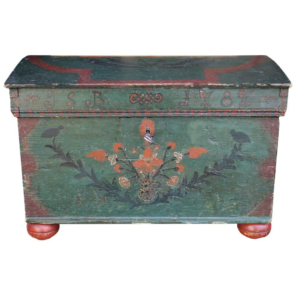 18th Century Green Floral Painted Italian Blanket Chest, 1787