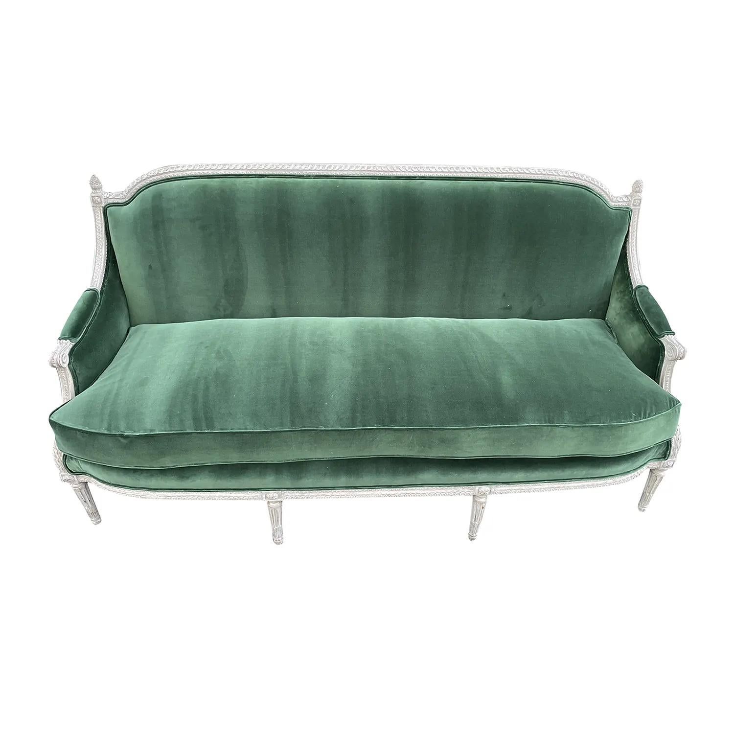 Belle Époque 18th Century Green French Three Seater Beechwood, Velour Sofa by Sulpice Brizard For Sale