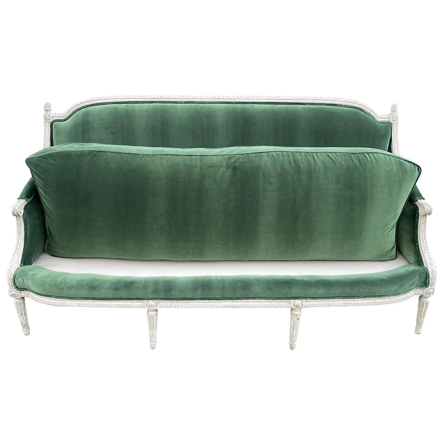Hand-Carved 18th Century Green French Three Seater Beechwood, Velour Sofa by Sulpice Brizard For Sale