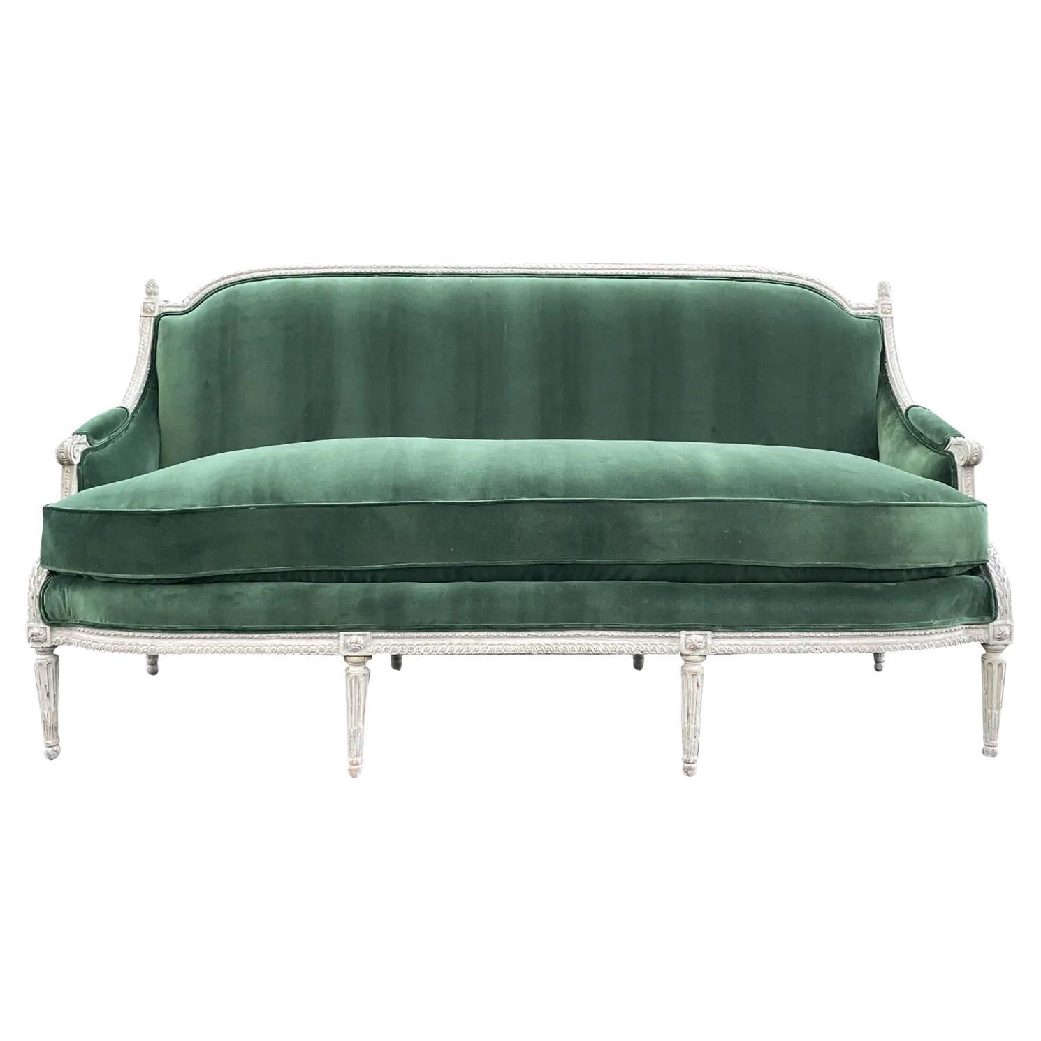 18th Century Green French Three Seater Beechwood, Velour Sofa by Sulpice Brizard