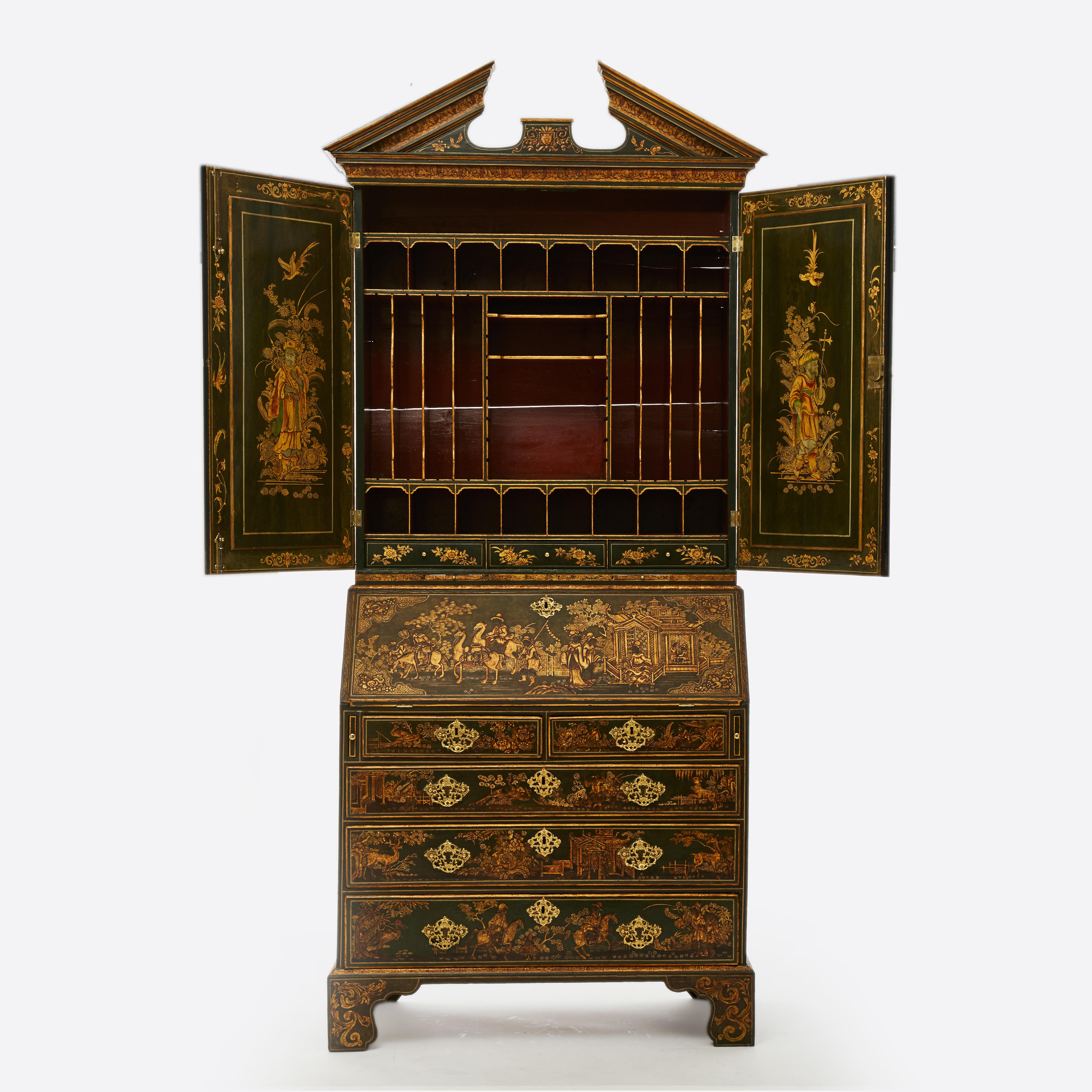18th century green Japanned Bureau bookcase
George II Period

England circa 1730, attributed to Giles Grendey, the cresting in the form of a broken swan’s neck pediment, the upper section has two doors fitted with shaped mirror plates of