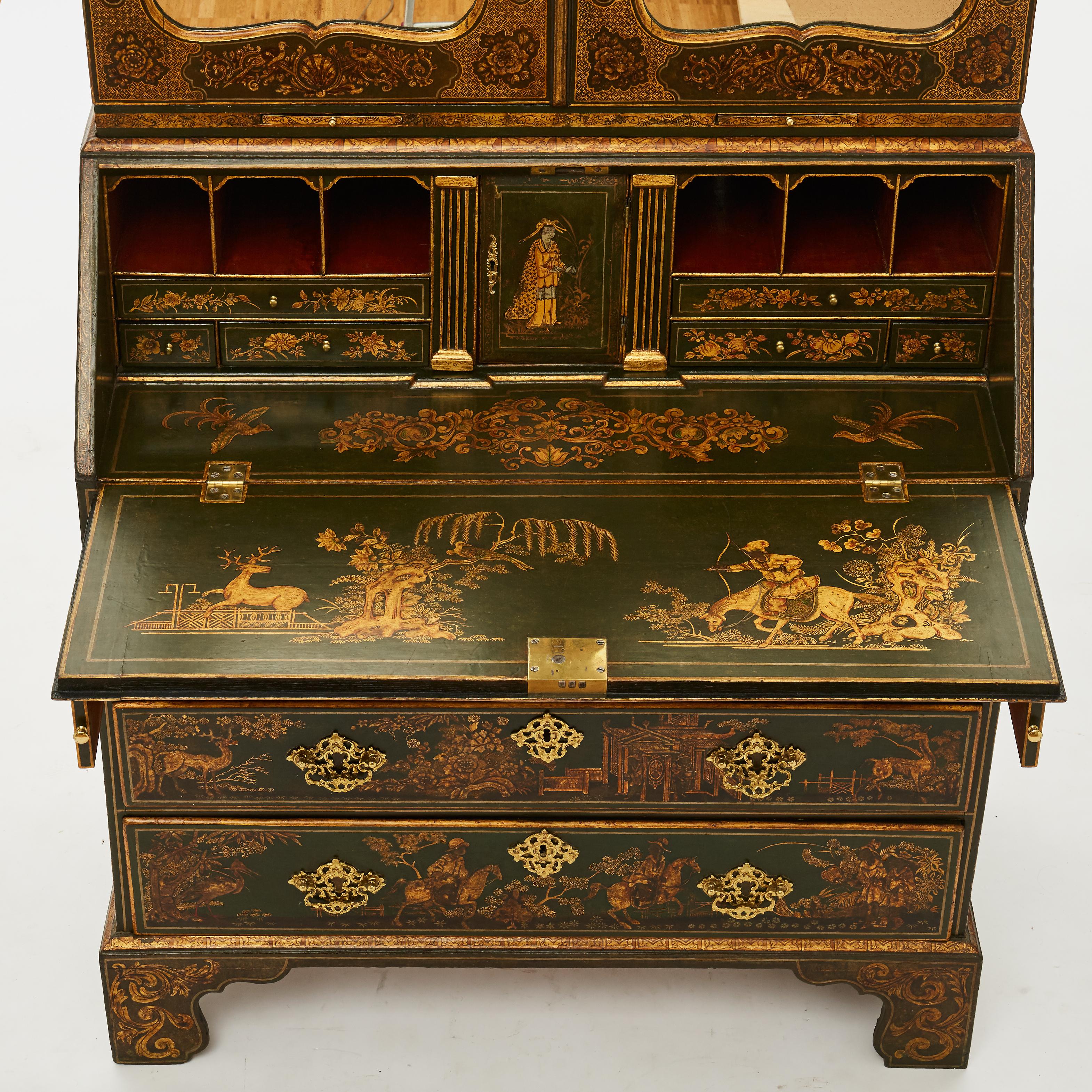 English 18th Century Green Japanned Bureau Bookcase Attributed to Giles Grendey For Sale