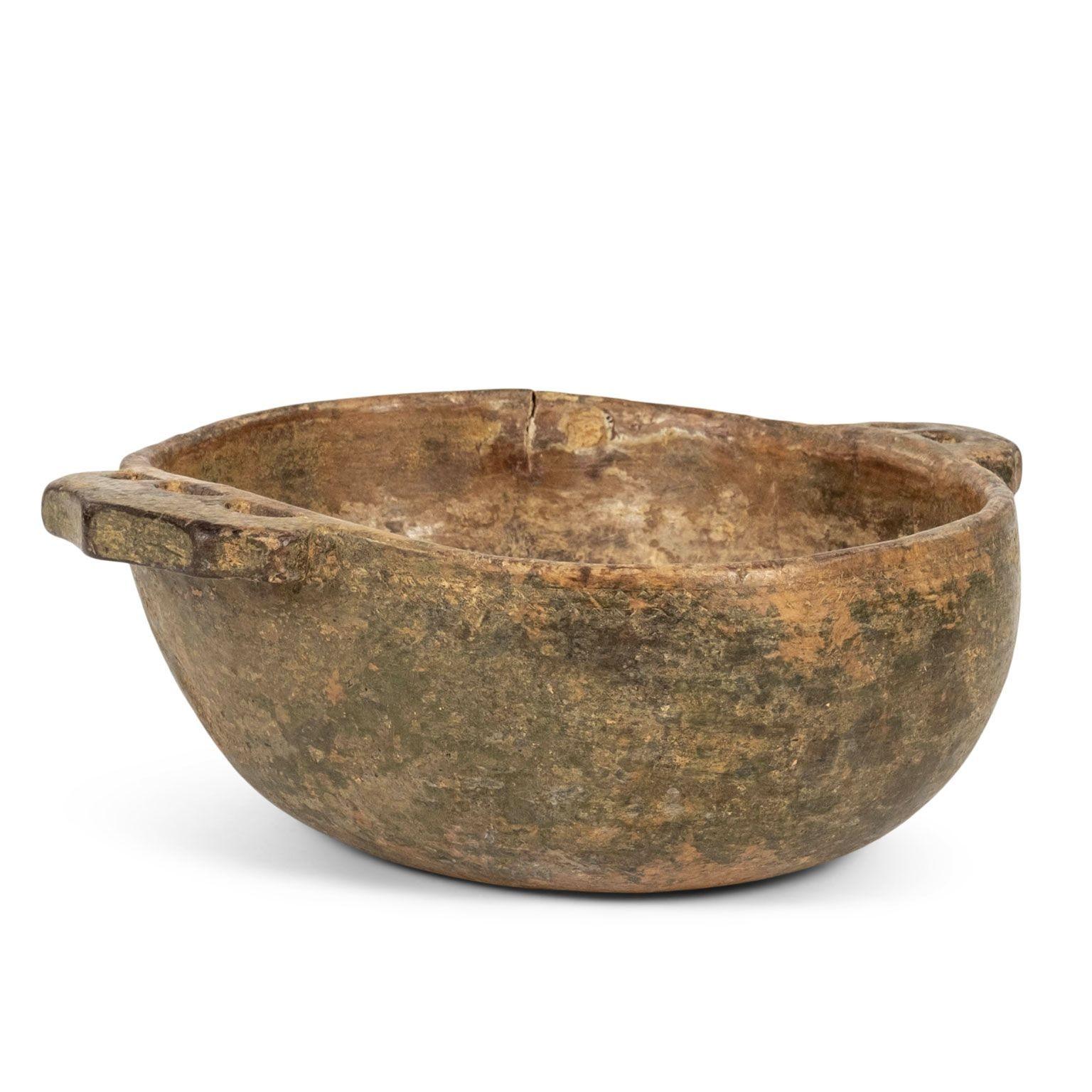 Hand-Carved 18th Century Green-Painted Primitive Swedish Root Wood Bowl For Sale