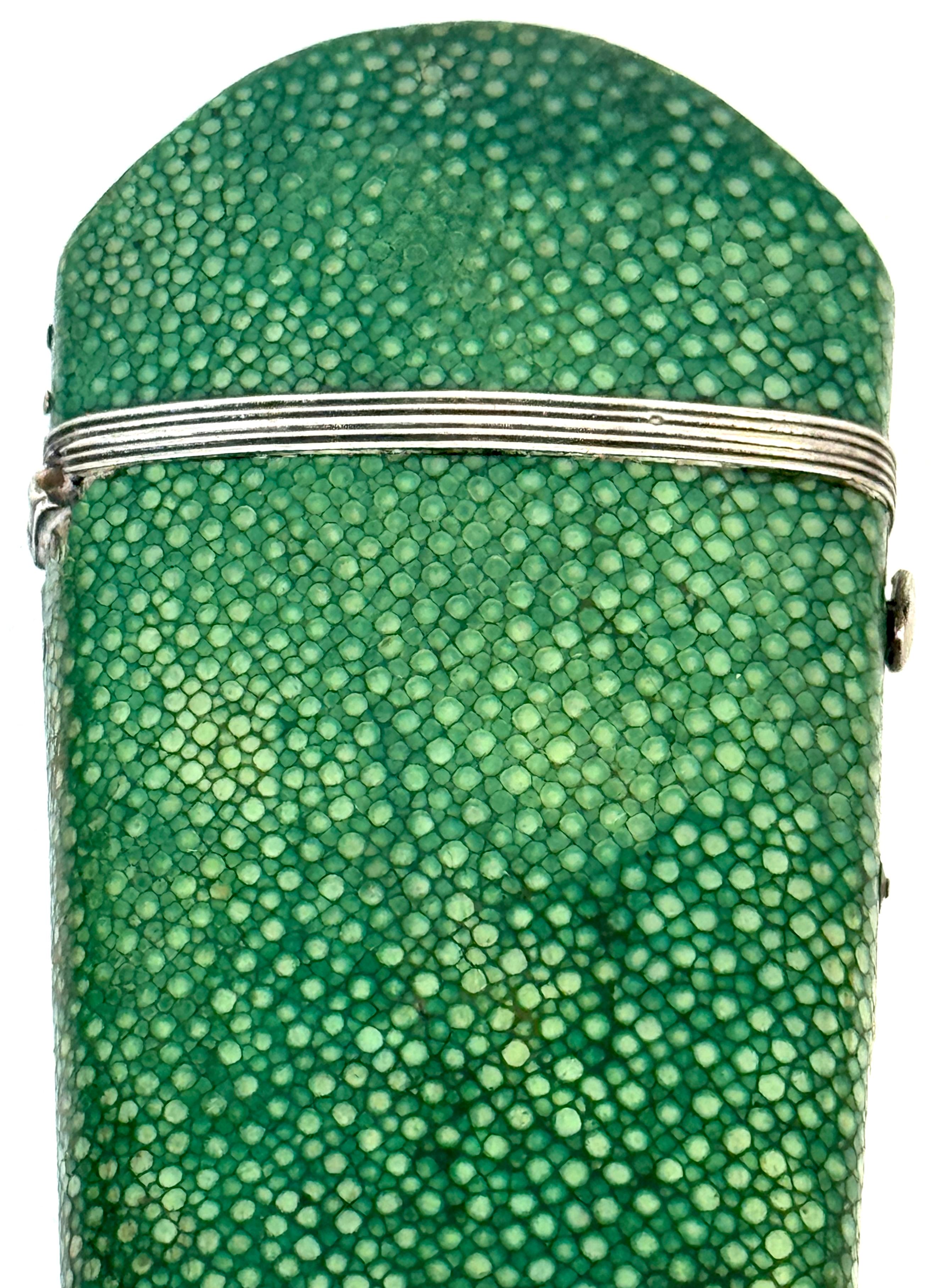 Georgian 18th Century Green Shagreen and Silver Eyeglass Case with Monogram For Sale
