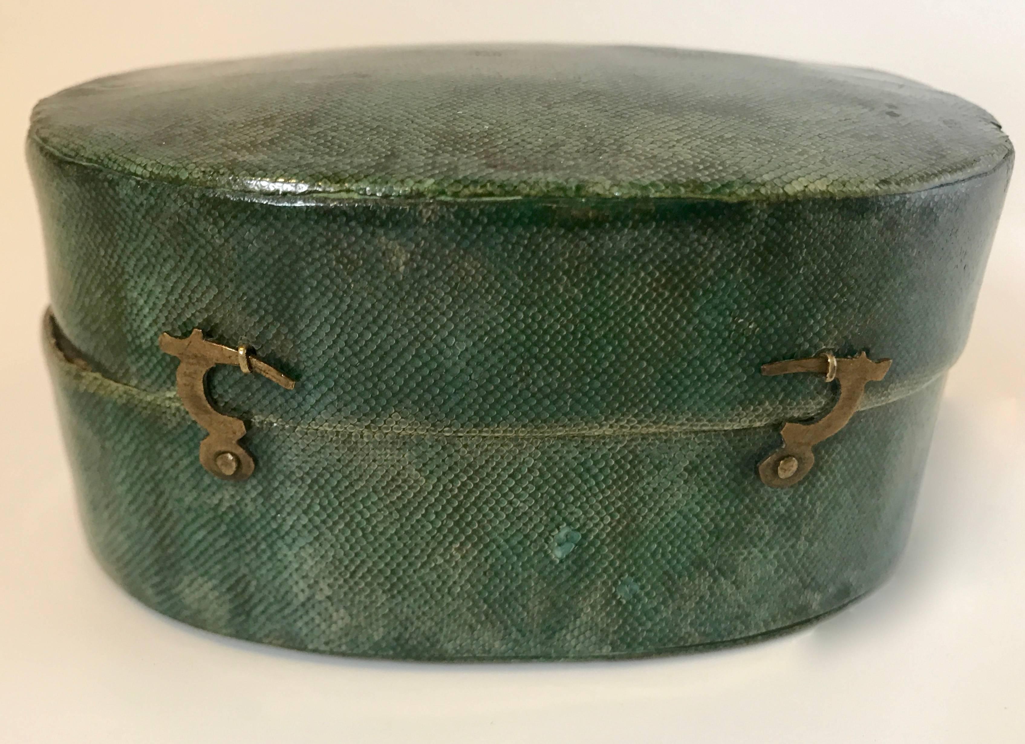 18th century green shagreen box with hook and eye clasp.