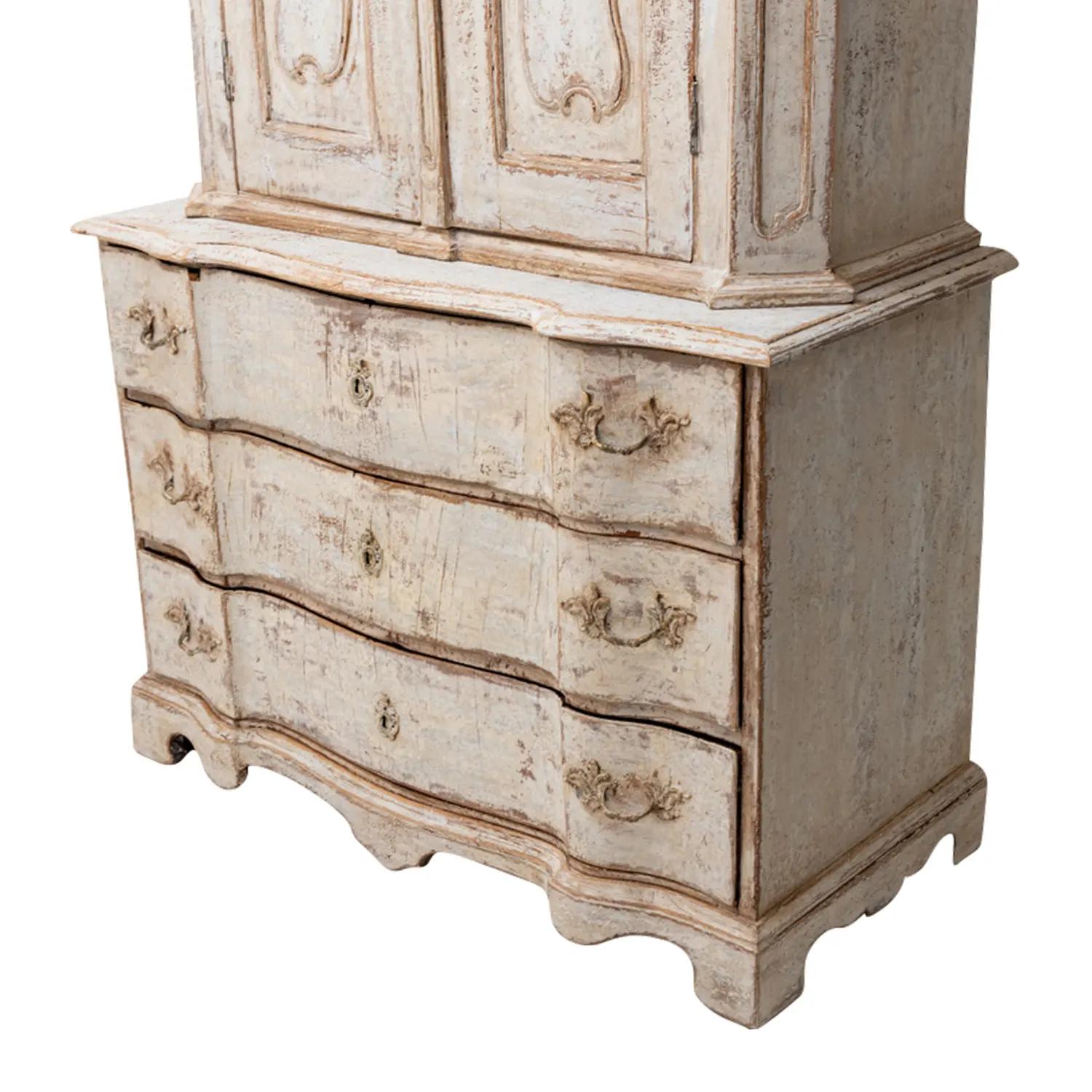 Metal 18th Century Swedish Baroque Two-Part Painted Pinewood Bureau, Antique Cabinet For Sale