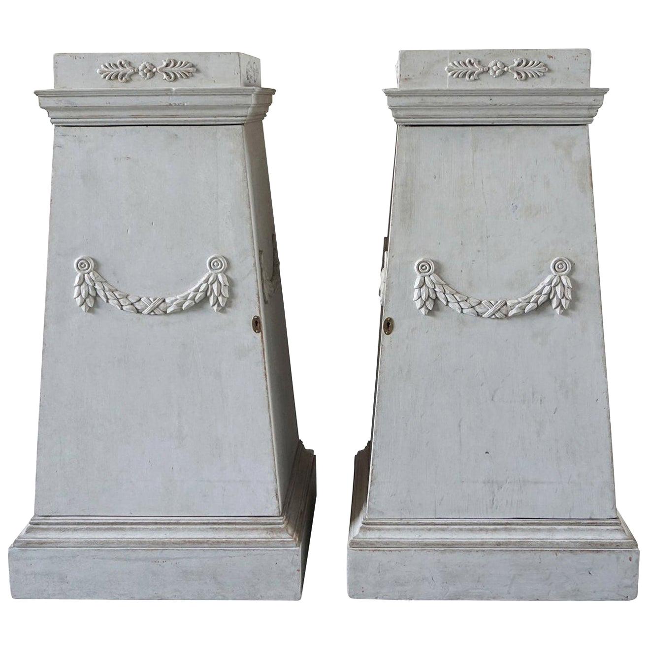 18th Century Grey Swedish Gustavian Pedestals, Neoclassical Pinewood Commodes