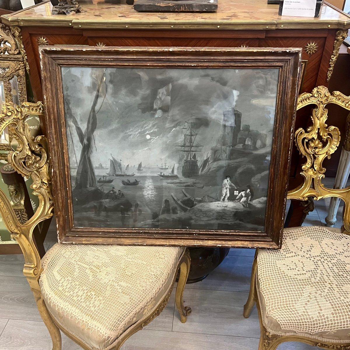 Ti presentiamo questo squisito dipinto a grisaglia che rappresenta una scena di porto al chiaro di luna nello stile preferito dall'artista francese Charles-François Lacroix de Marseille (1700-1783). Era un artista noto per la creazione di paesaggi e