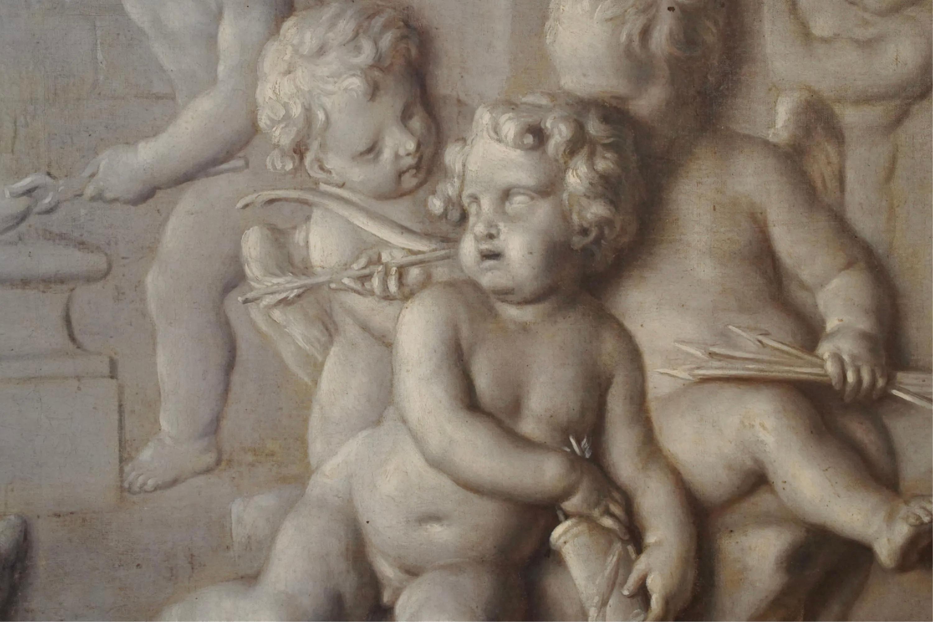 Baroque 18th Century Grisaille Painting of Putti Attributed to Piat Joseph Sauvage