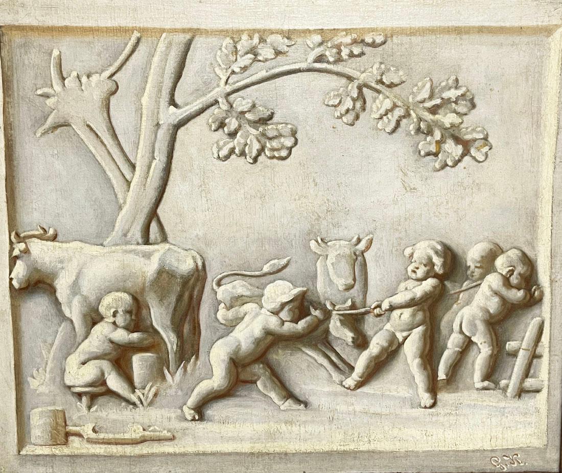 18th century Grisaille paintings of Allegory of 2 seasons with Putti

The 2 paintings with Marouflé technique painted in oak wood frame. The right painting with a Putti milking a cow and 4 Putti pulling a rope on a cow. This painting shows some
