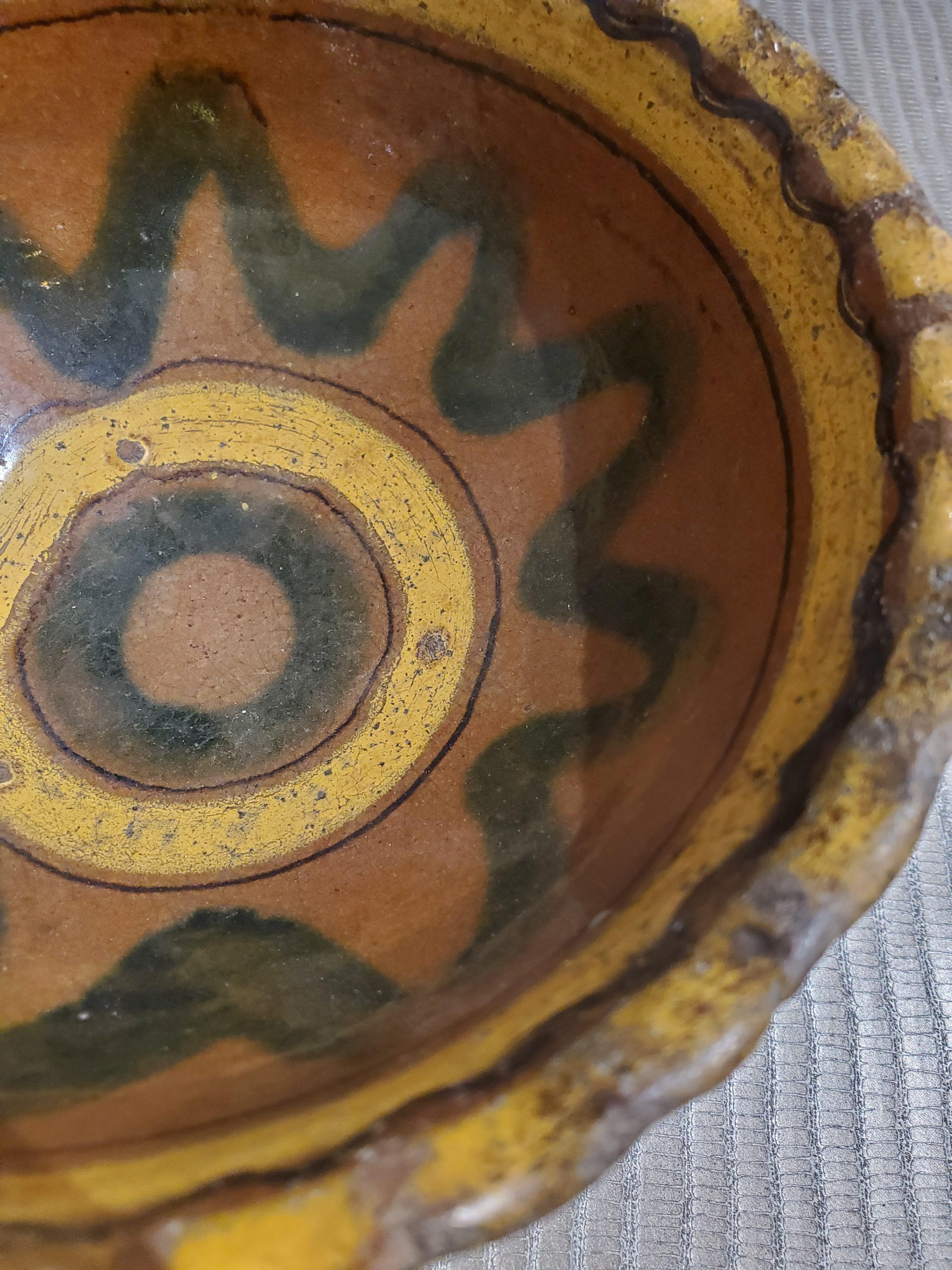 Folk Art 18th Century Guatemalan Glazed Ceramic Bowl, Brown with Yellow and Black Accents