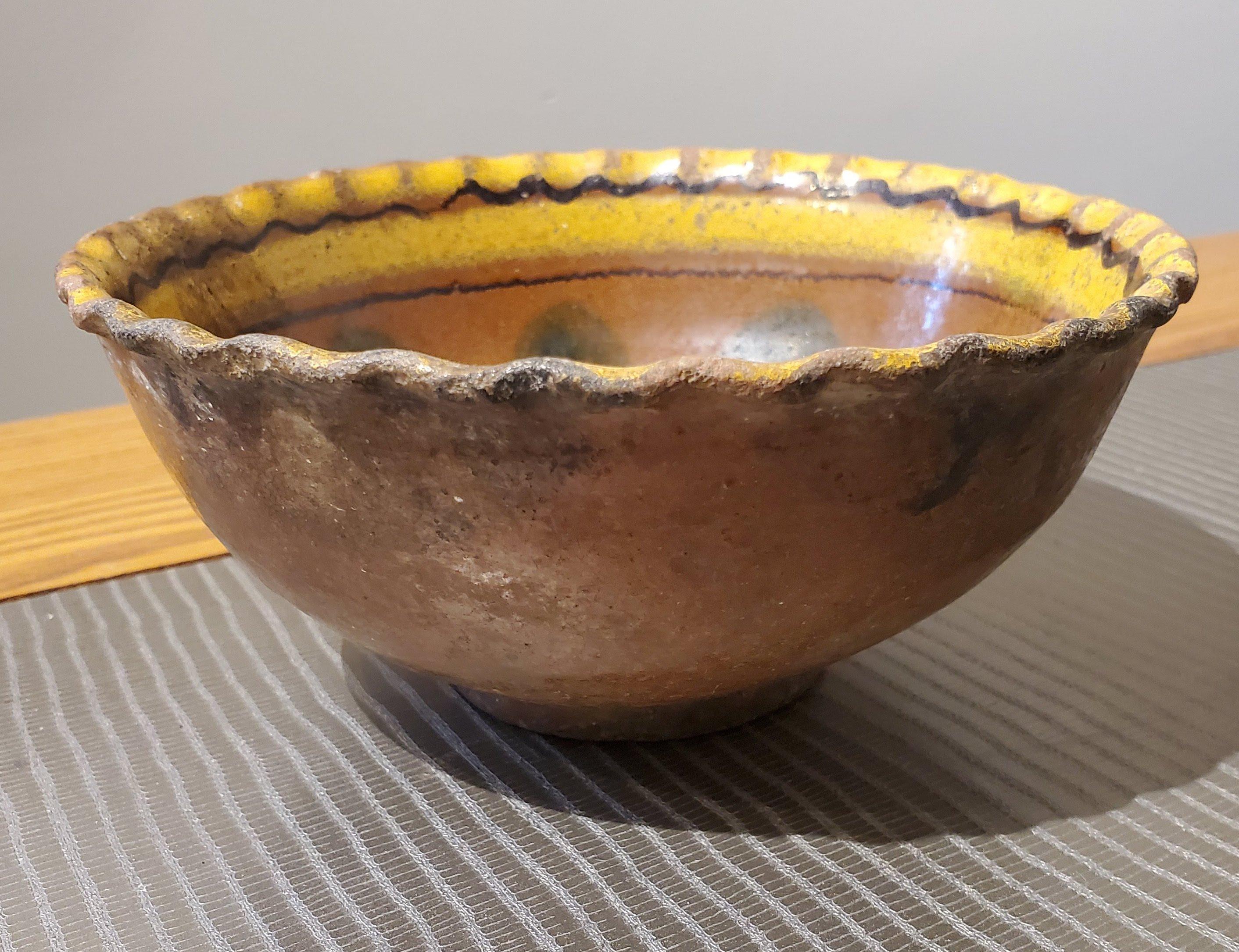 18th Century Guatemalan Glazed Ceramic Bowl, Brown with Yellow and Black Accents 1