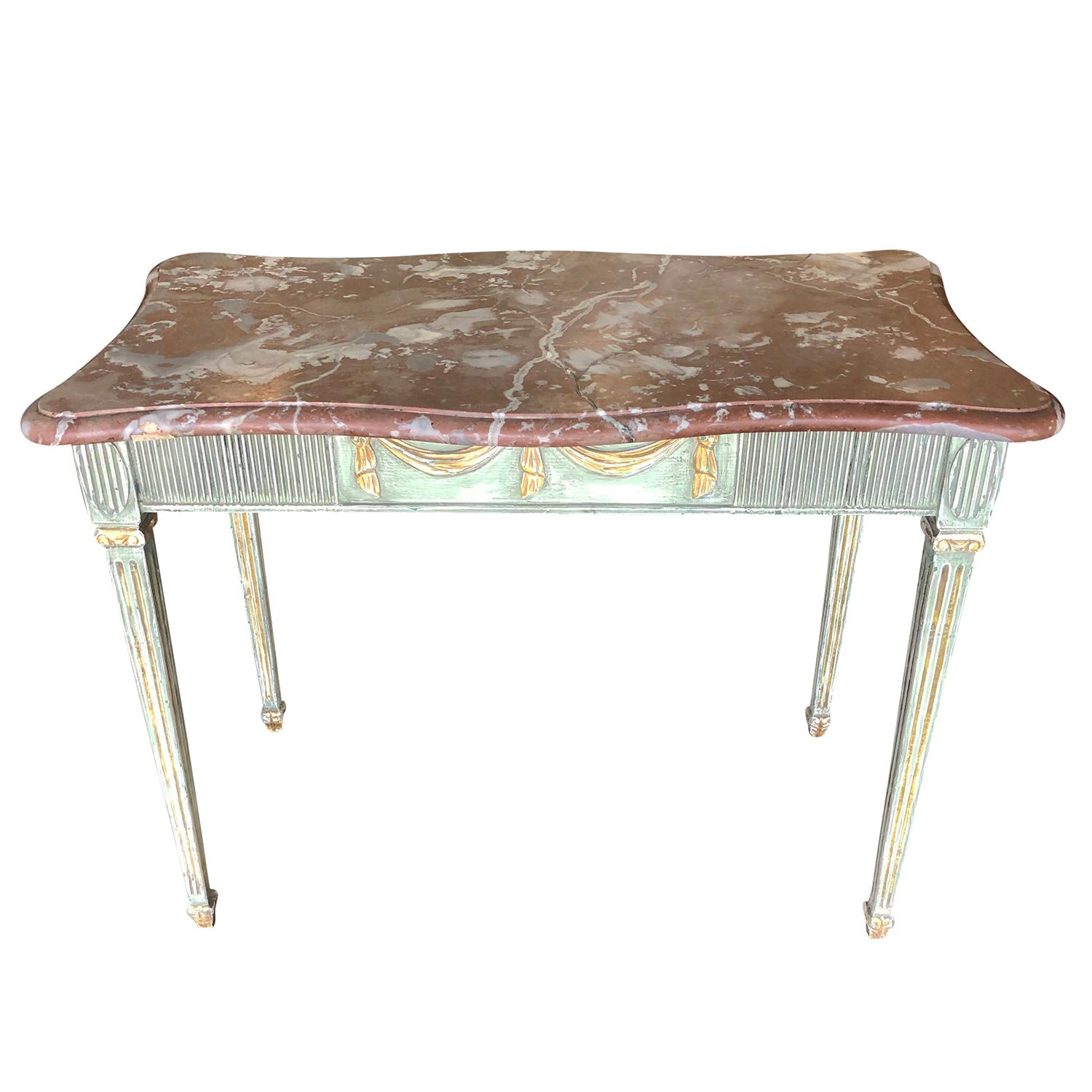 An antique Swedish Gustavian freestanding console table with a red marble top and an original green paint, gilded wood finish. The light-green, Scandinavian hand crafted table is in good condition. Wear consistent with age and use, circa 1790,