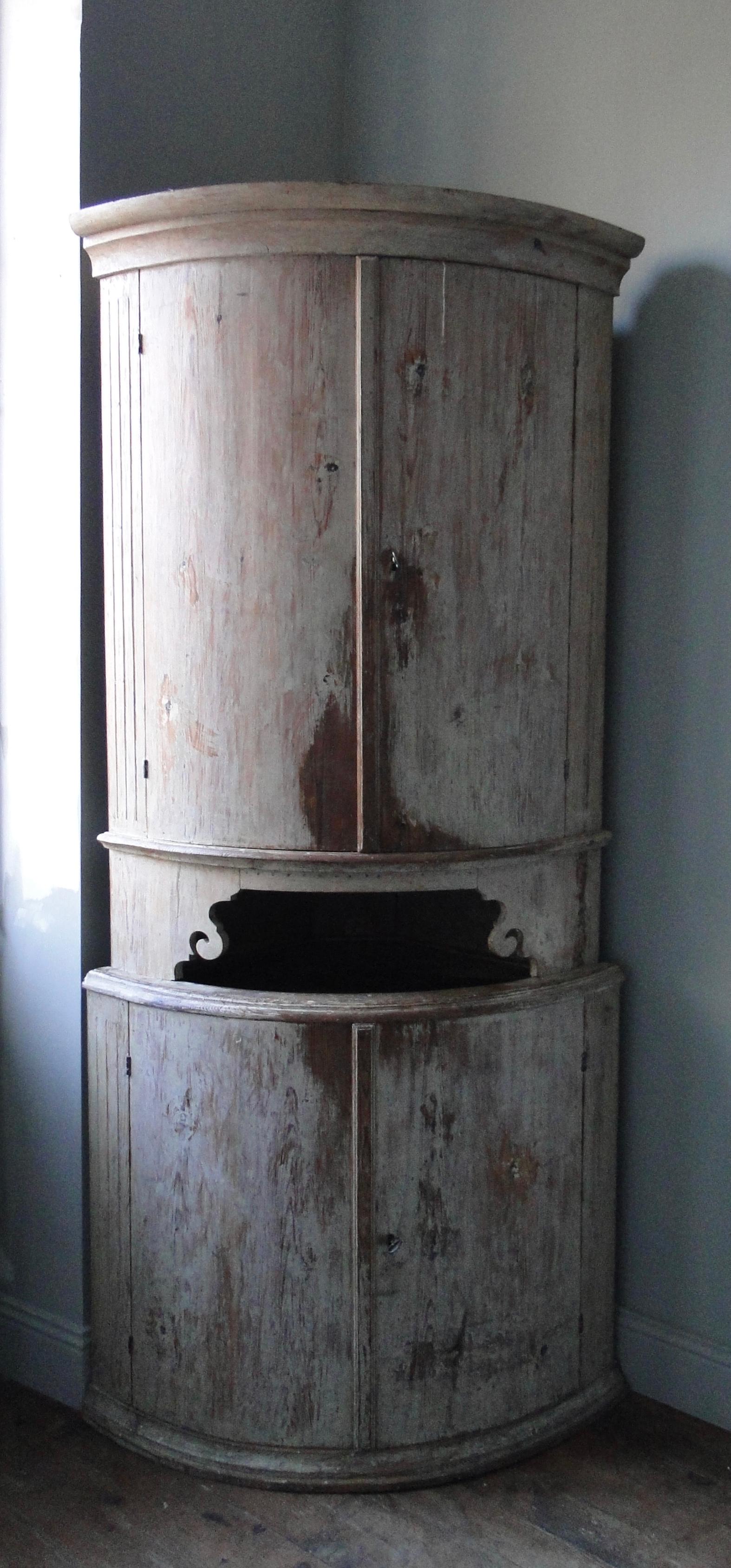 Wood 18th Century Gustavian 2 Part Corner Cabinet in Original Paint For Sale